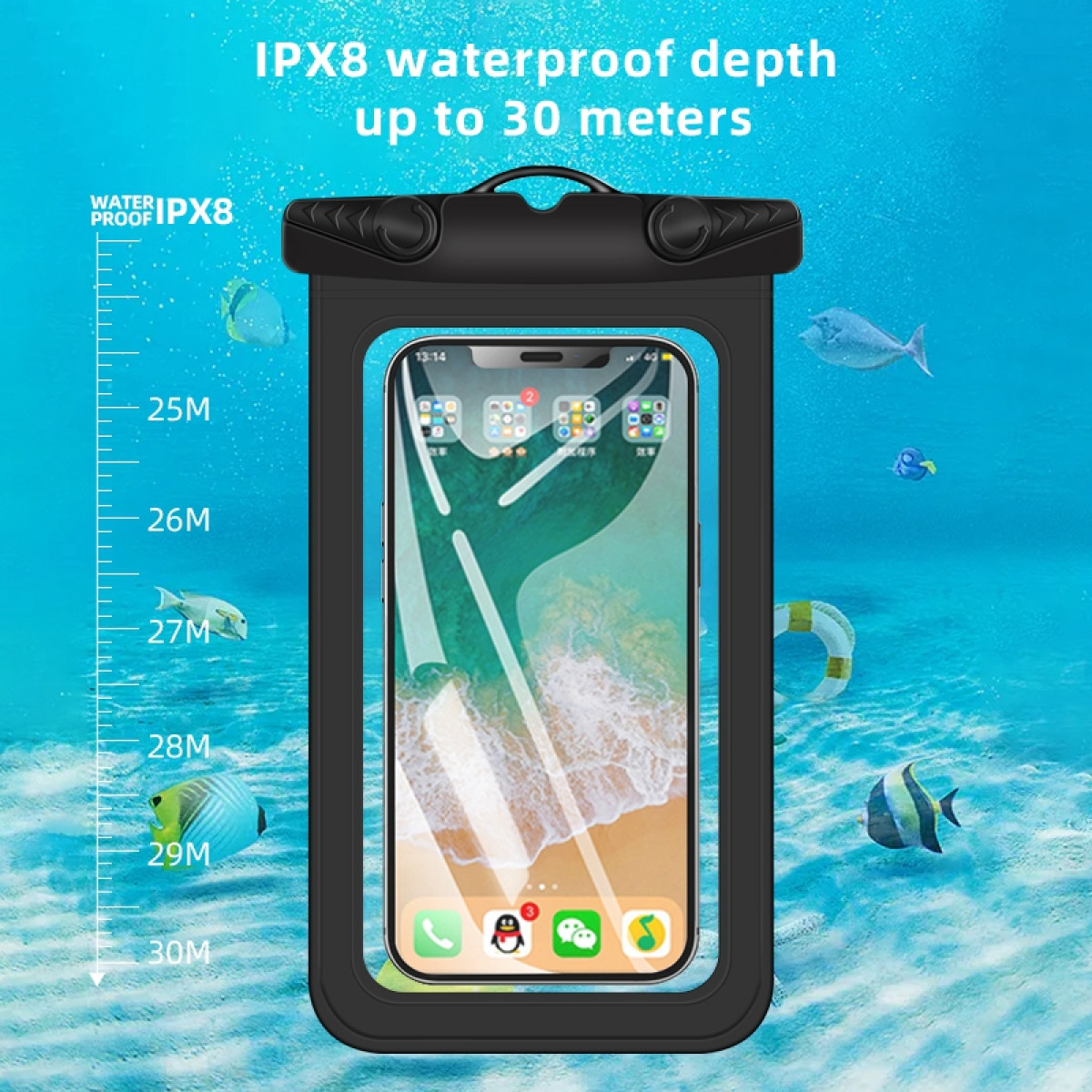 Telefon w wodoodpornym etui pod wodą. Widoczne są ryby i skala głębokości.