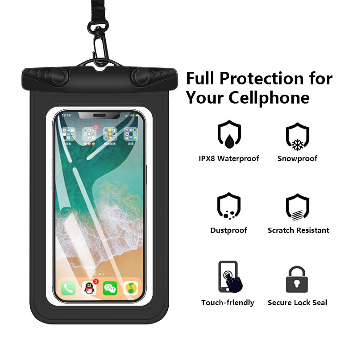 Wodoodporne etui na telefon z telefonem w środku. Ikony wskazują funkcje.