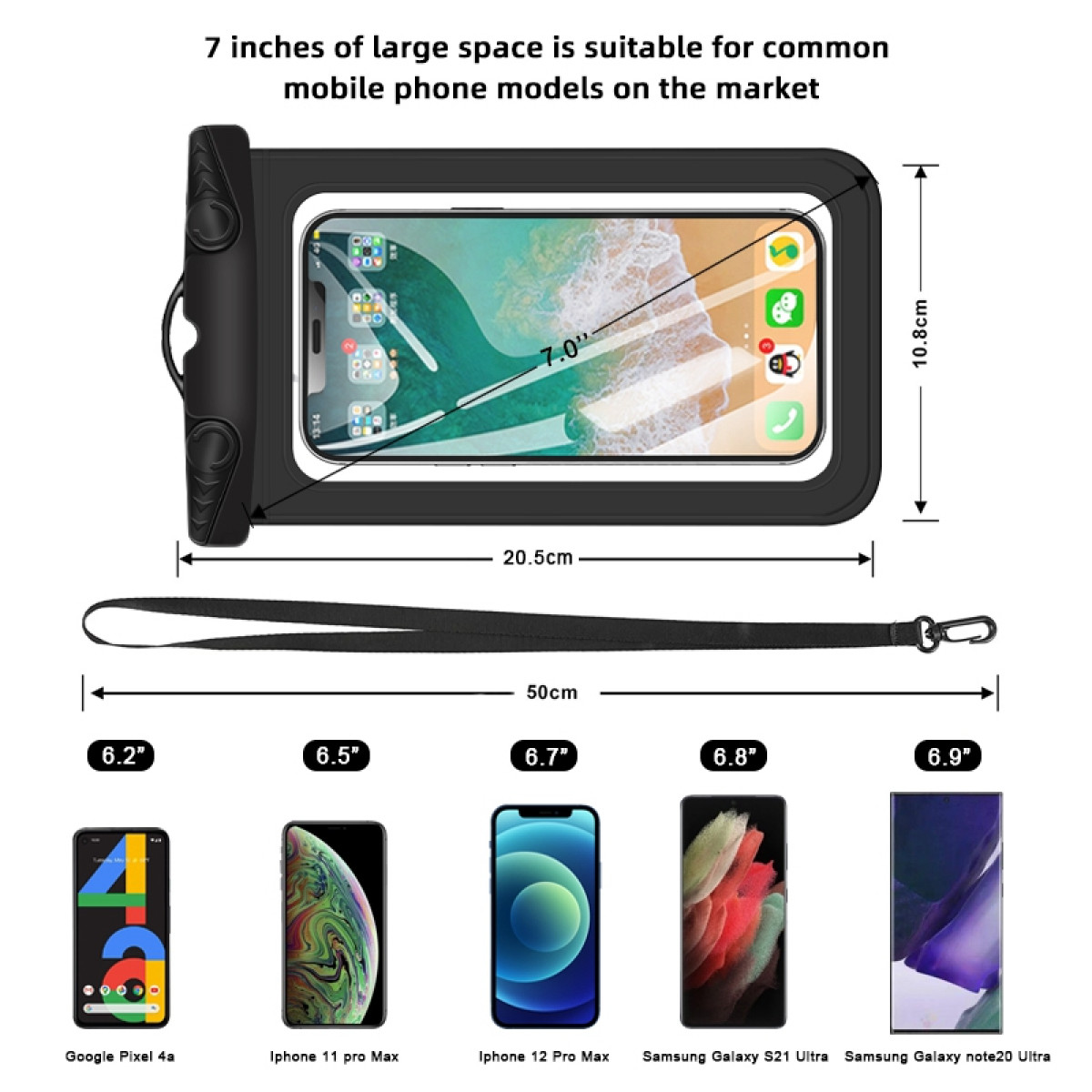 Wodoodporne etui na telefon z telefonem w środku i wymiarami. Różne modele poniżej.