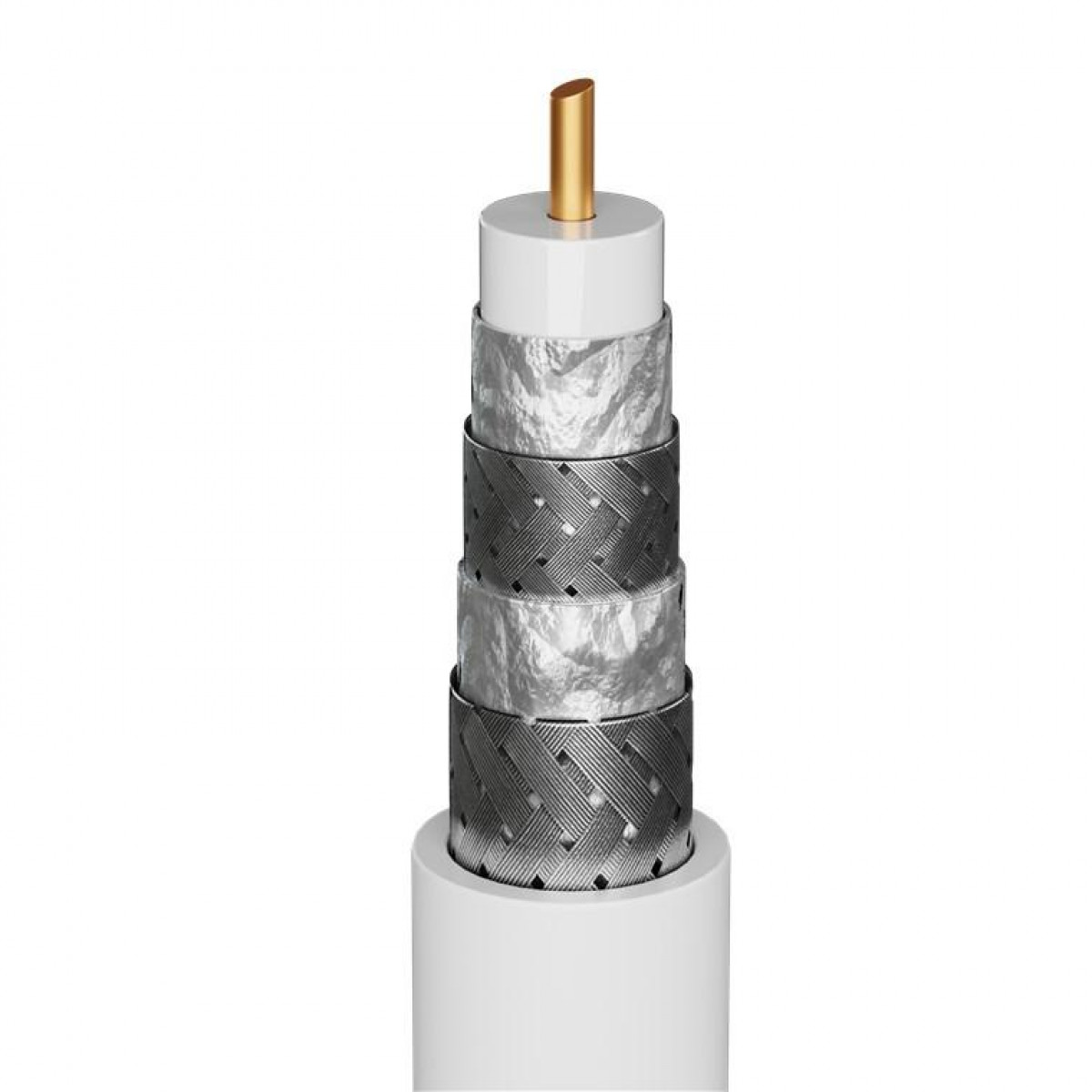 Cable coaxial cortado con capas: núcleo de cobre, aislamiento, blindaje trenzado y cubierta exterior blanca.
