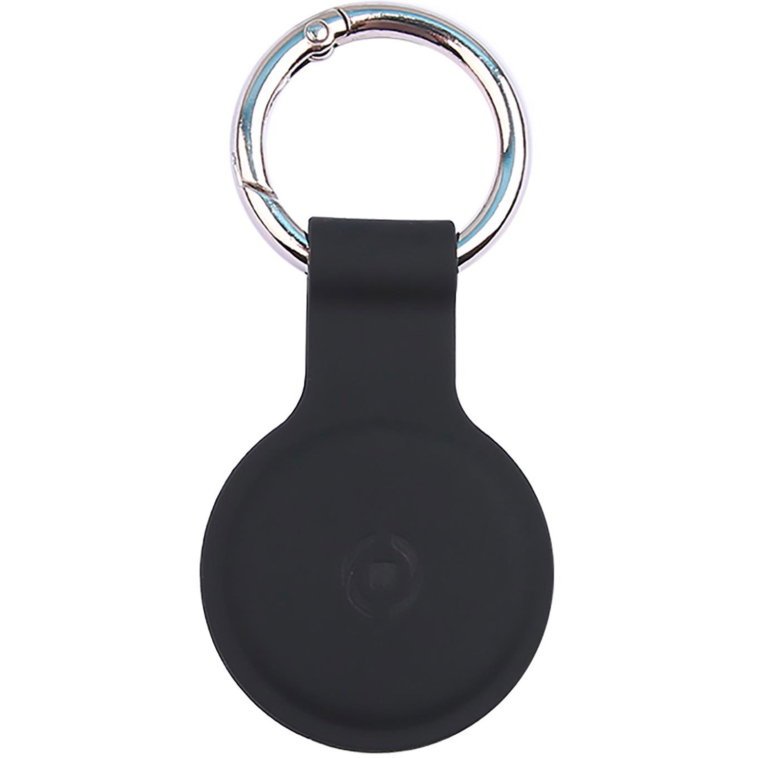 Schwarzer AirTag-Halter mit einem silbernen Schlüsselring. Der Halter ist kreisförmig und hat ein Logo.