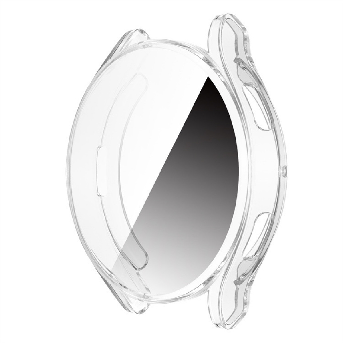 Funda de reloj transparente con esfera en blanco y negro en el interior.