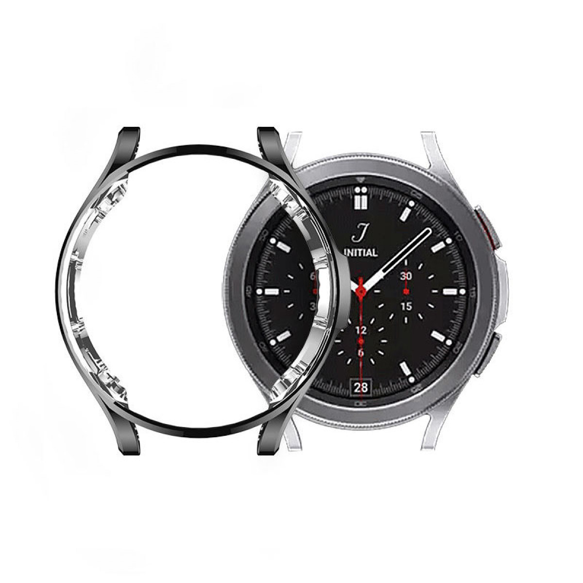 Un primer plano de un reloj inteligente con una correa negra y una cubierta protectora.