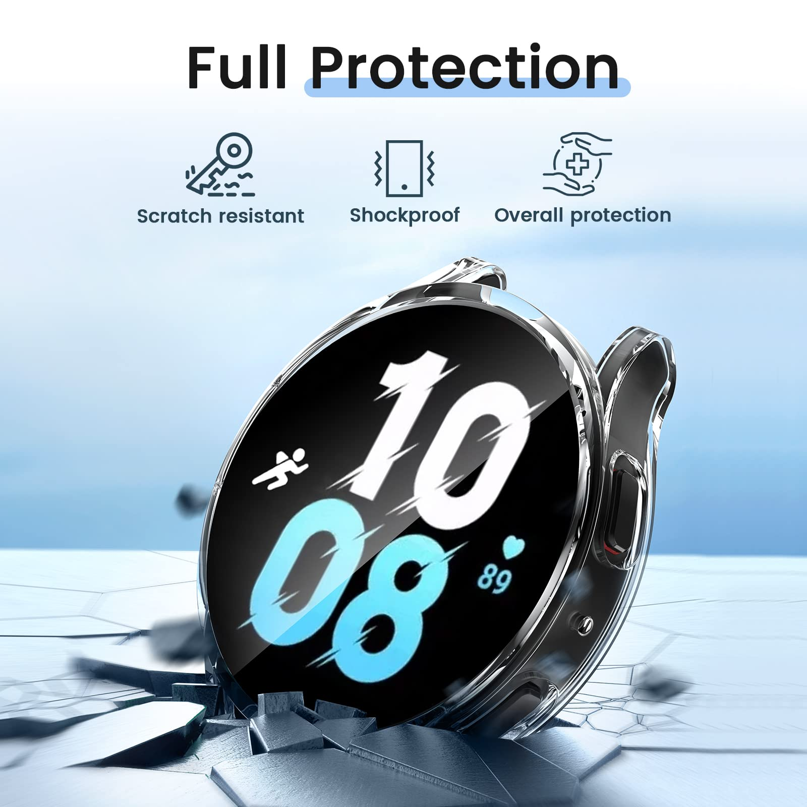 Un smartwatch con una cubierta protectora transparente. La pantalla muestra la hora. Hay iconos de protección.