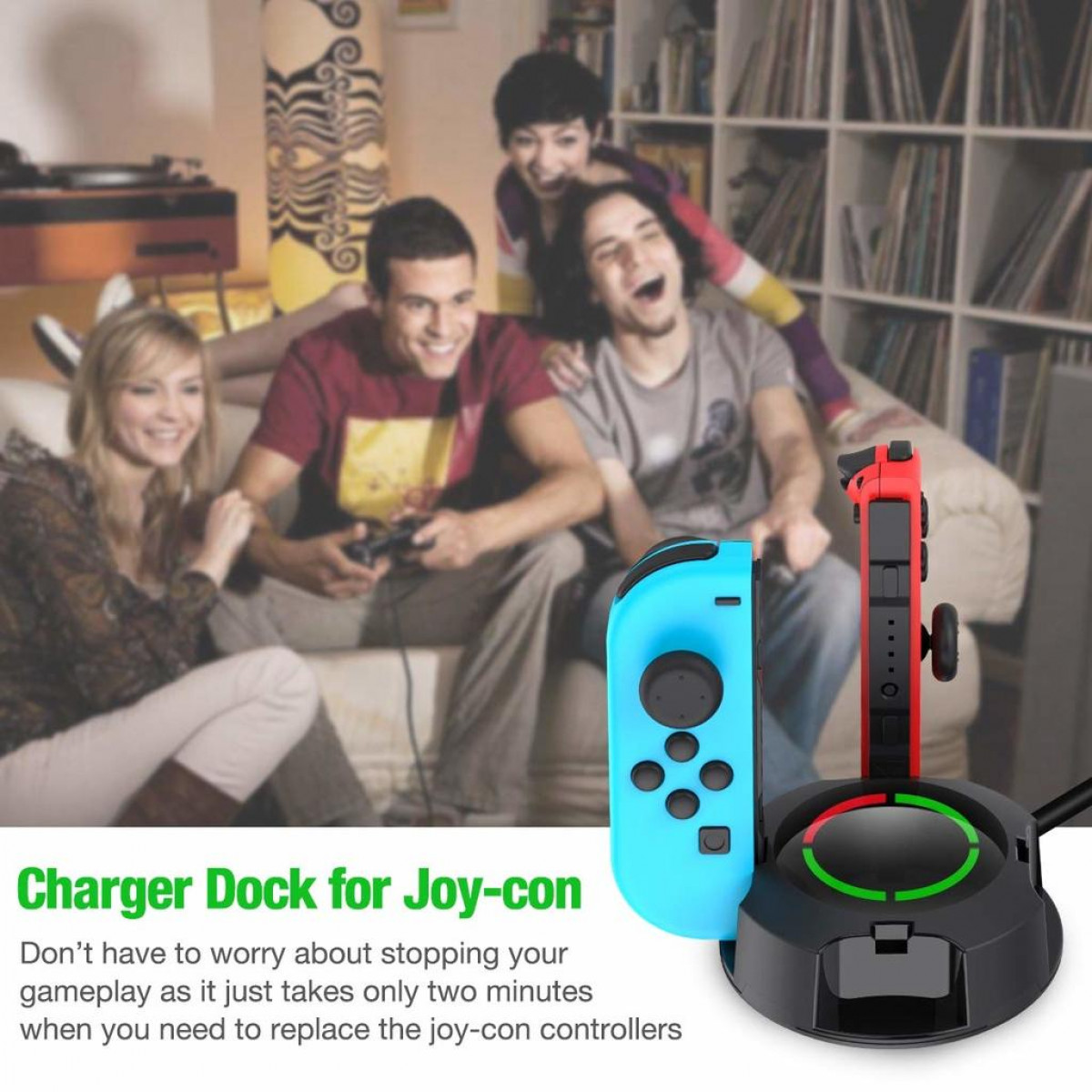 Leute spielen Videospiele mit blauen und roten Controllern auf einer Ladestation.