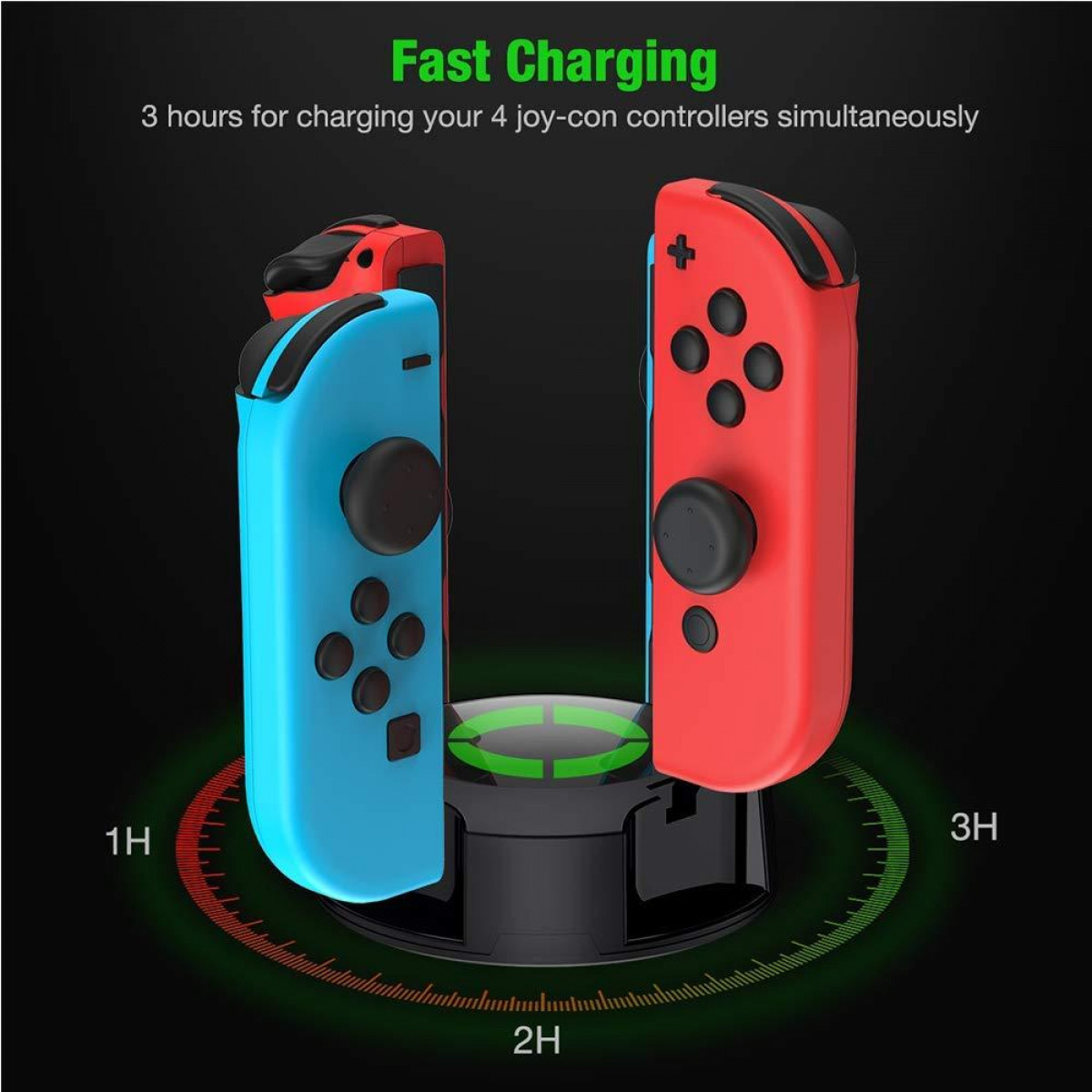 Ladestation mit zwei Joy-Con-Controllern in Blau und Rot. Ladeanzeige an der Basis.