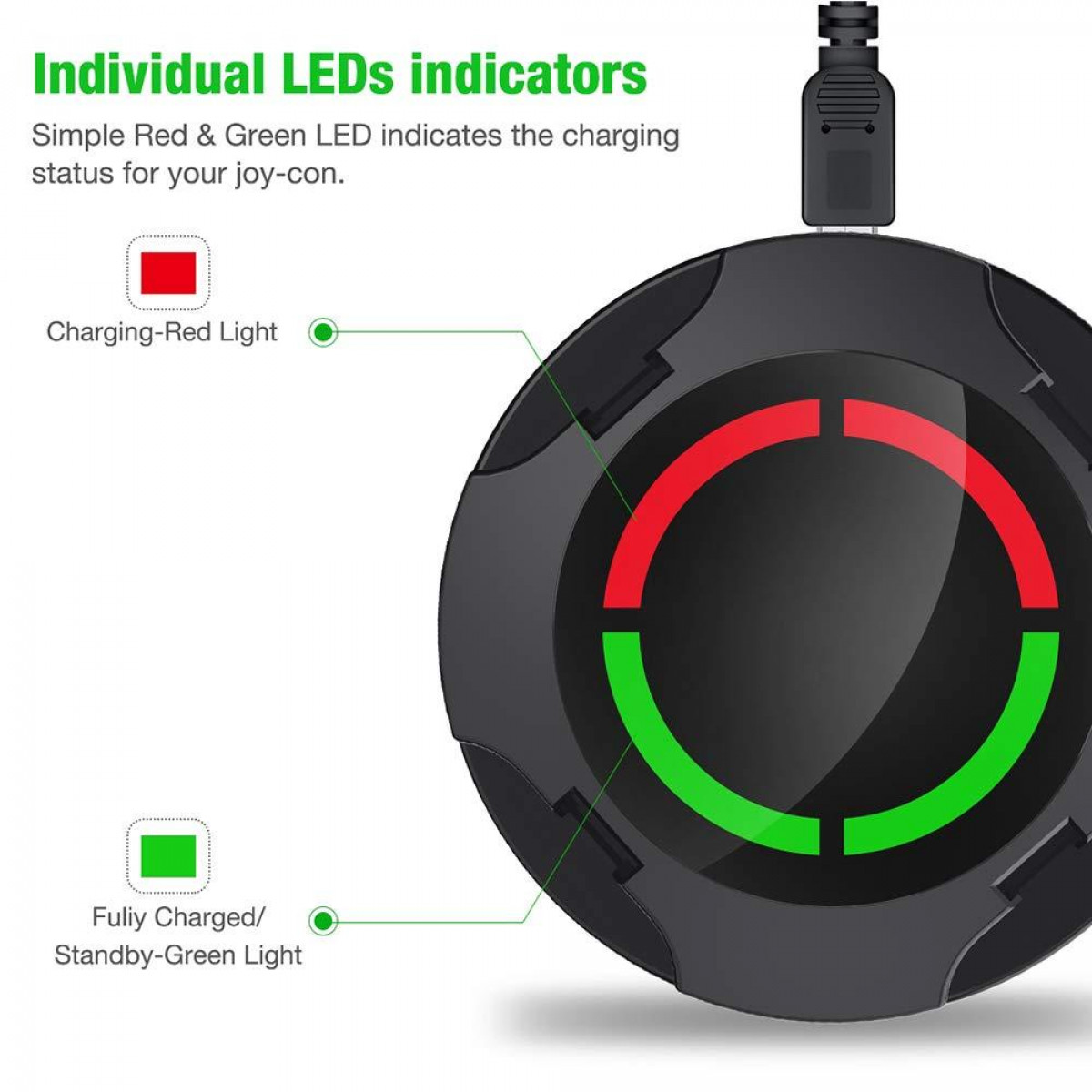 Eine schwarze Ladestation mit roten und grünen LED-Anzeigen.