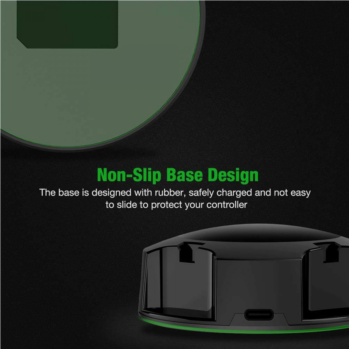 Schwarze Ladestation mit grünem Sockel, Text 'Non-Slip Base Design'.