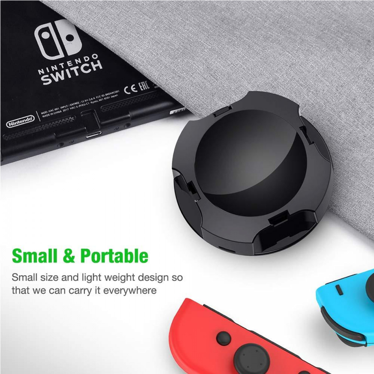 Eine schwarze Nintendo Switch-Hülle mit roten und blauen Joy-Con-Controllern und einem Switch.