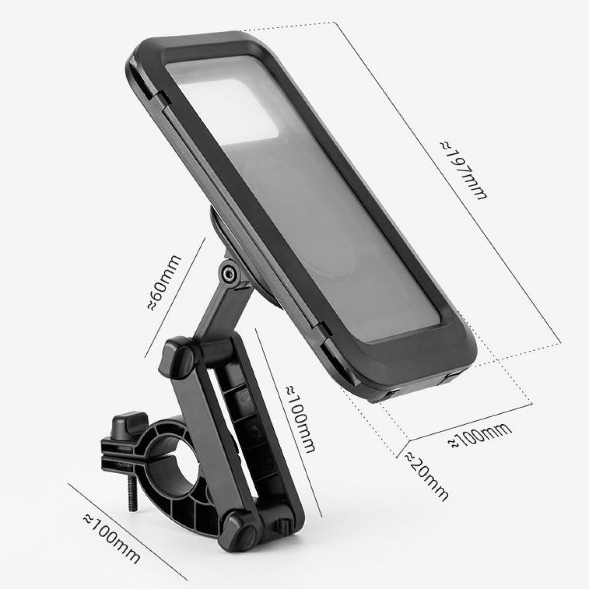 Czarny uchwyt na telefon do roweru z wymiarami. Białe tło.