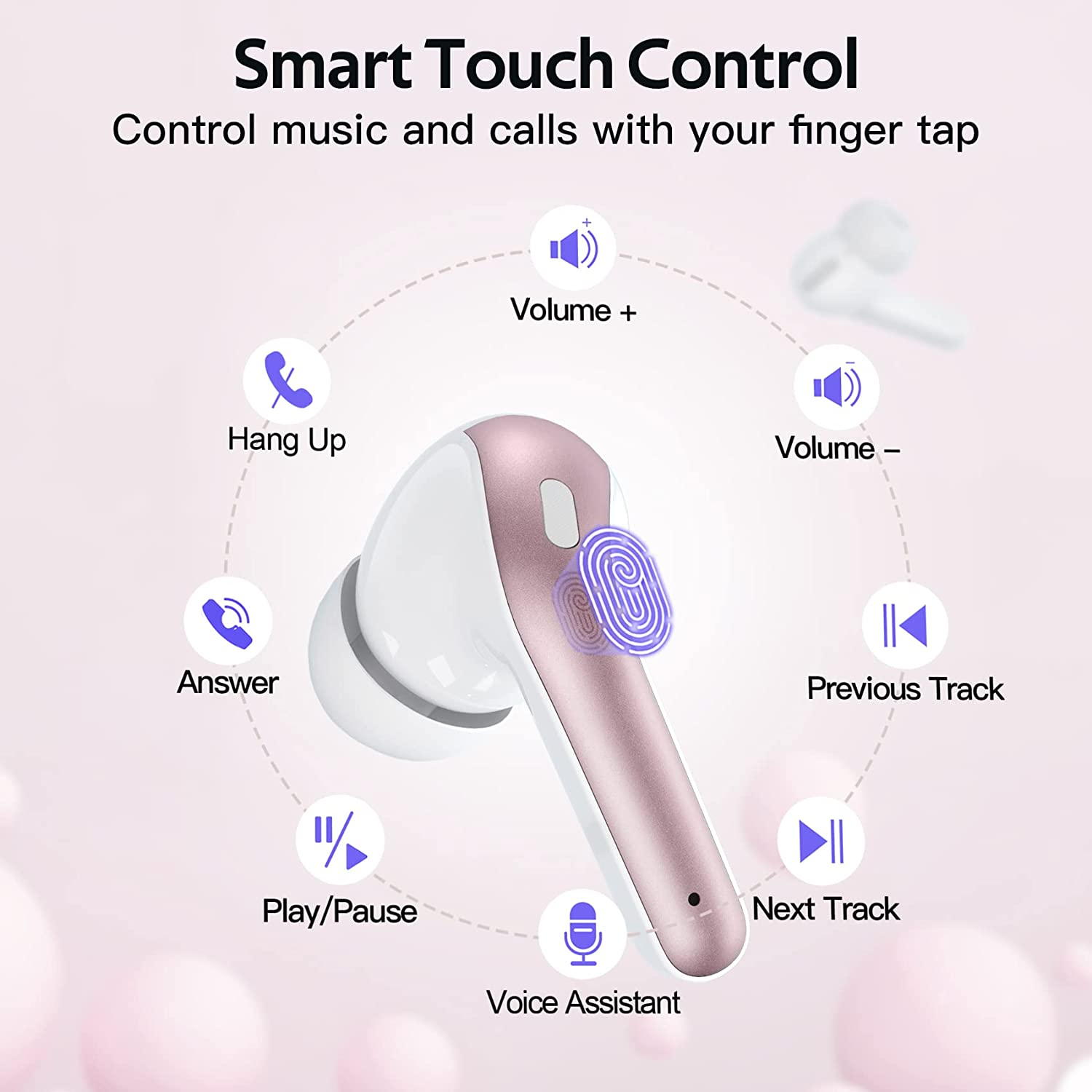 Kopfhörer mit intelligenten Touch-Steuerungsfunktionen, einschließlich Lautstärke-, Wiedergabe/Pause- und Sprachassistententasten.