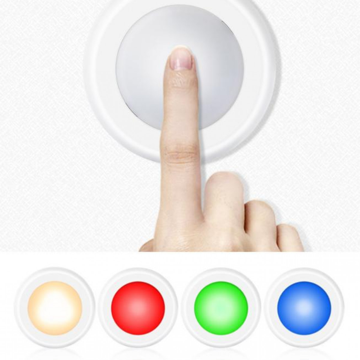 Een vinger drukt op een witte knop. Daaronder vier gekleurde lampjes: geel, rood, groen, blauw.