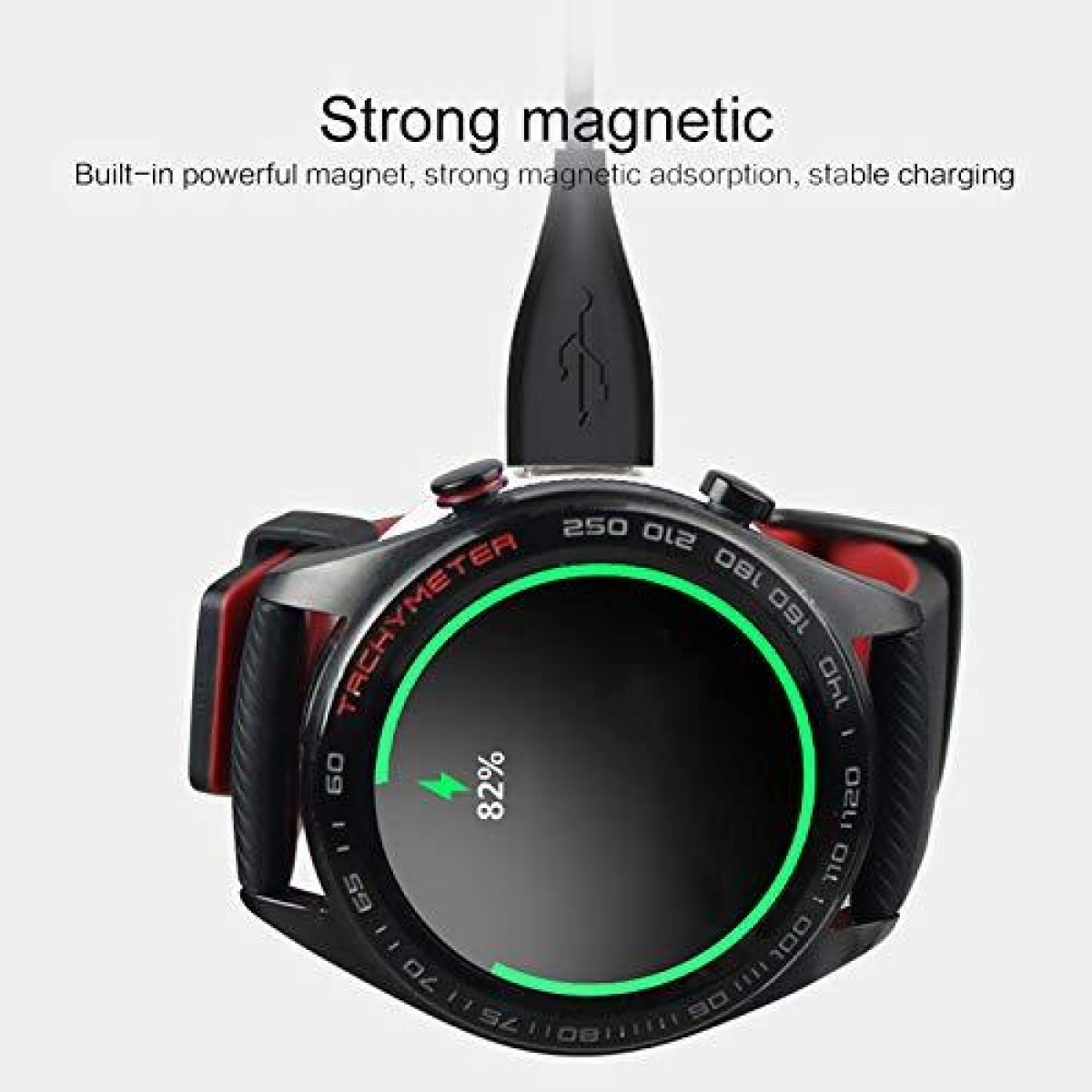 Une smartwatch en charge avec 82% de batterie affichée sur un écran noir.
