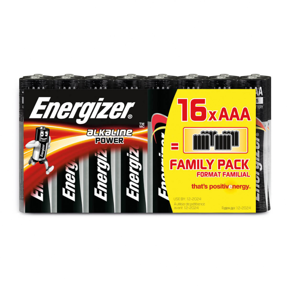 Confezione di batterie AAA Energizer, 16 pezzi, con testo e una mascotte dei cartoni animati.
