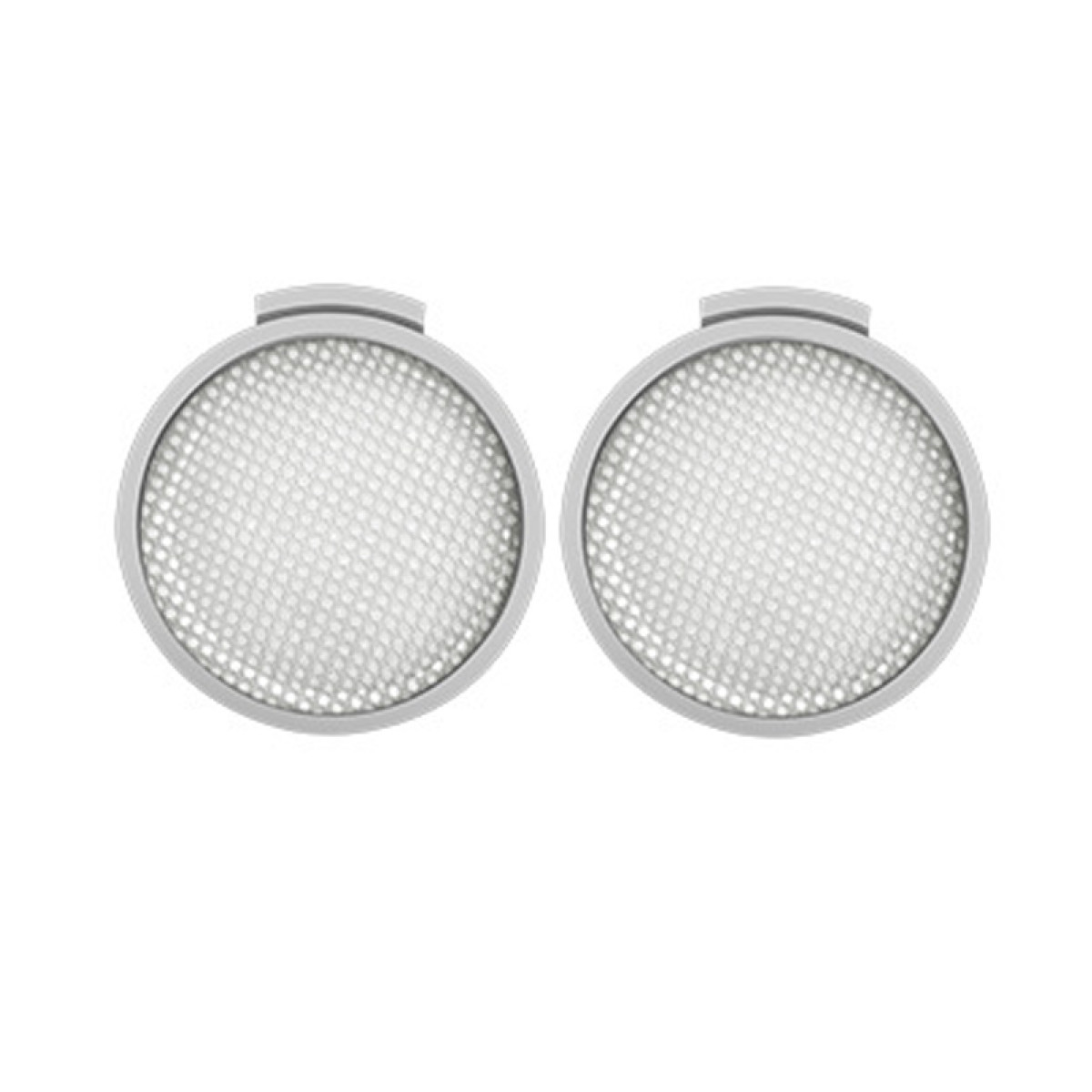 Deux filtres à air circulaires avec un centre en maille et un bord gris.