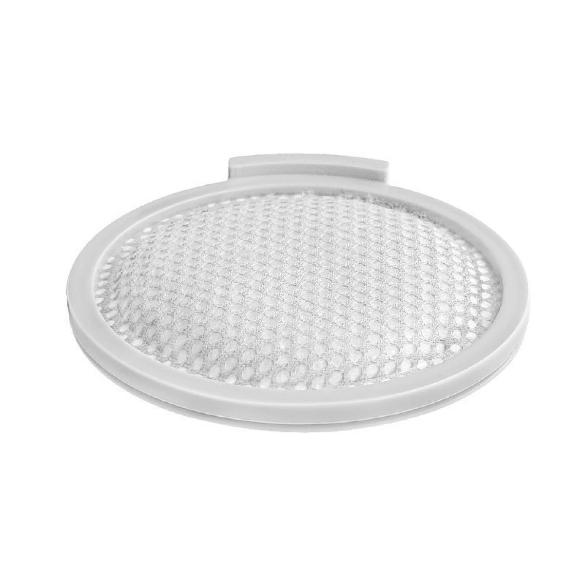 Un filtre blanc, circulaire avec une maille à l'intérieur, conçu pour une machine à laver.