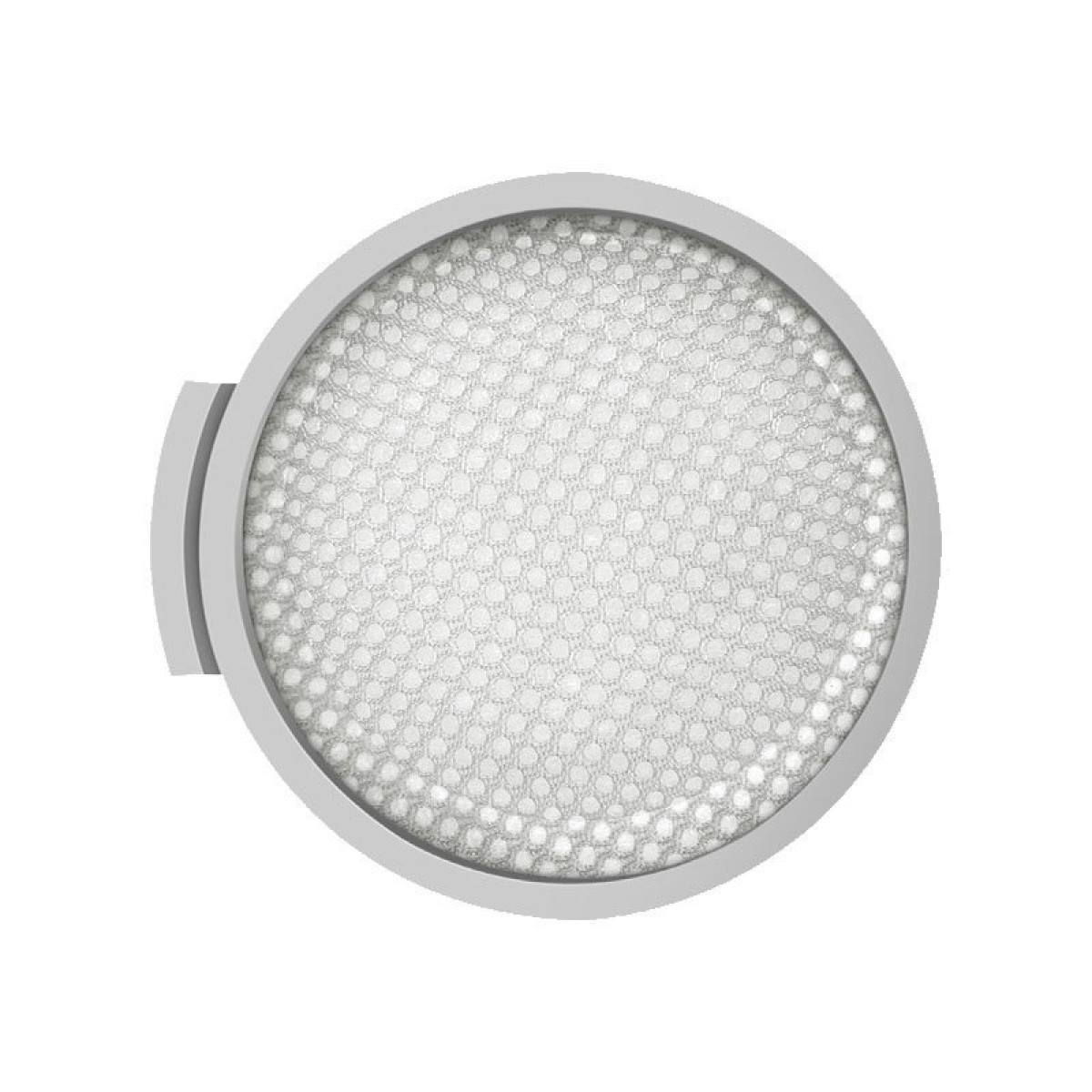 Filtre à air rond, gris clair, avec une maille blanche pointillée.