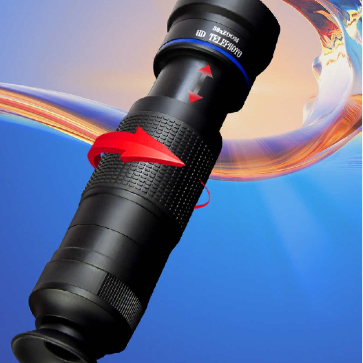 Czarny obiektyw telefoto z czerwonymi strzałkami i niebieskim tłem.