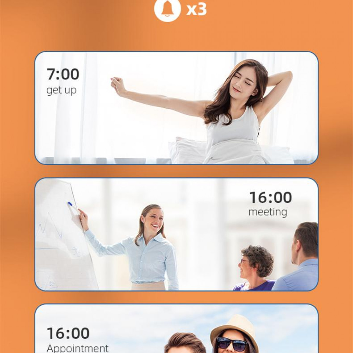 Trzy obrazy: kobieta budząca się, kobieta prowadząca prezentację i ludzie na zewnątrz.