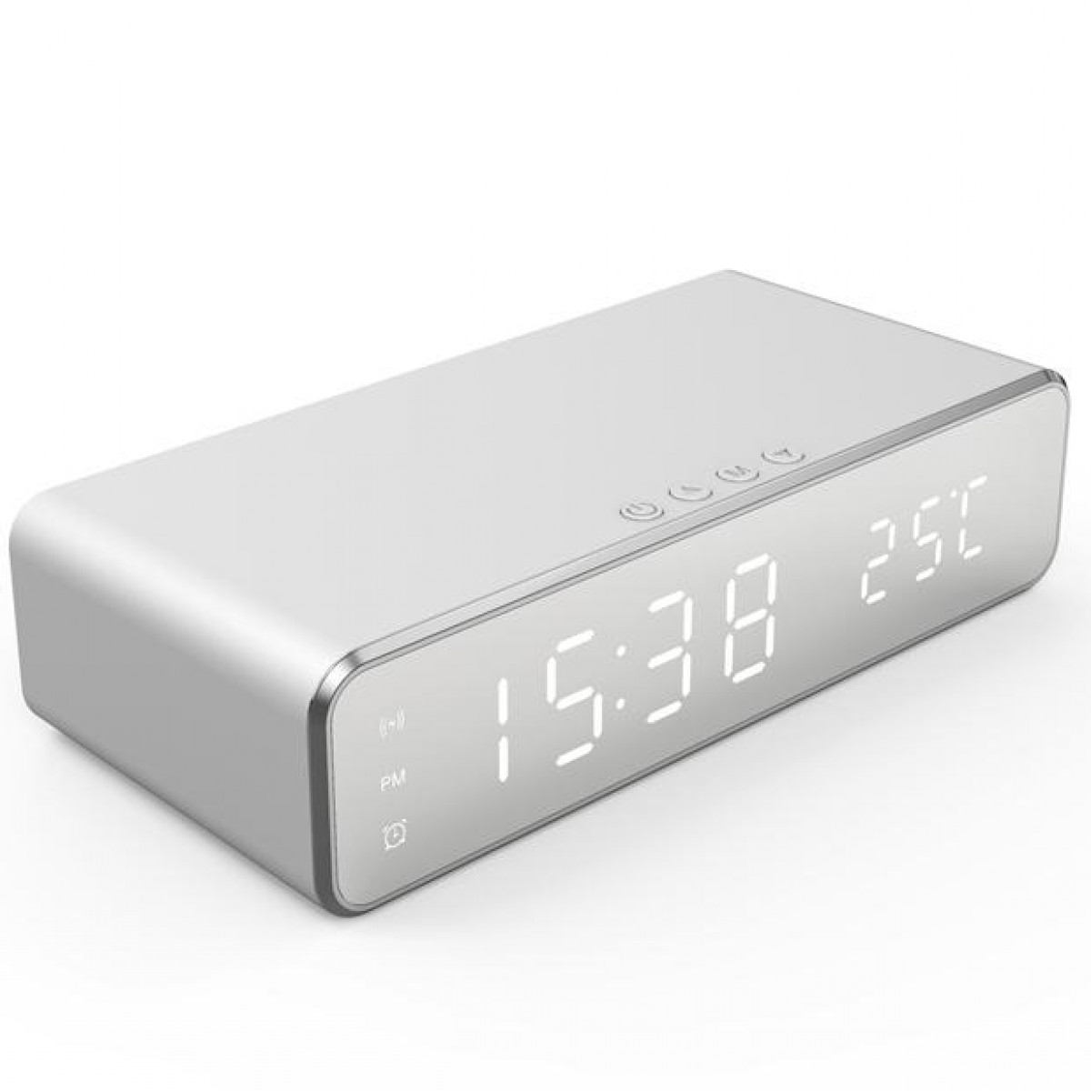 Srebrny zegar cyfrowy wyświetla godzinę. Ma prosty design i stoi na białej powierzchni.