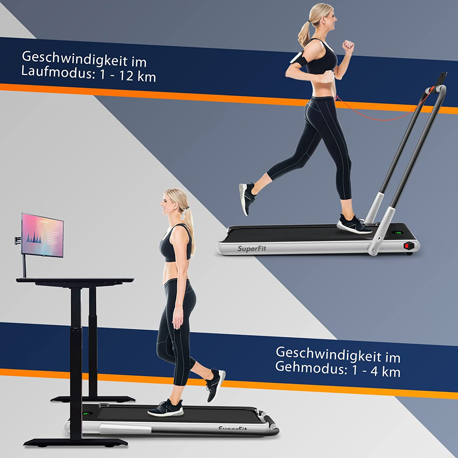 Zwei Frauen auf Laufbändern. Eine geht, die andere rennt.