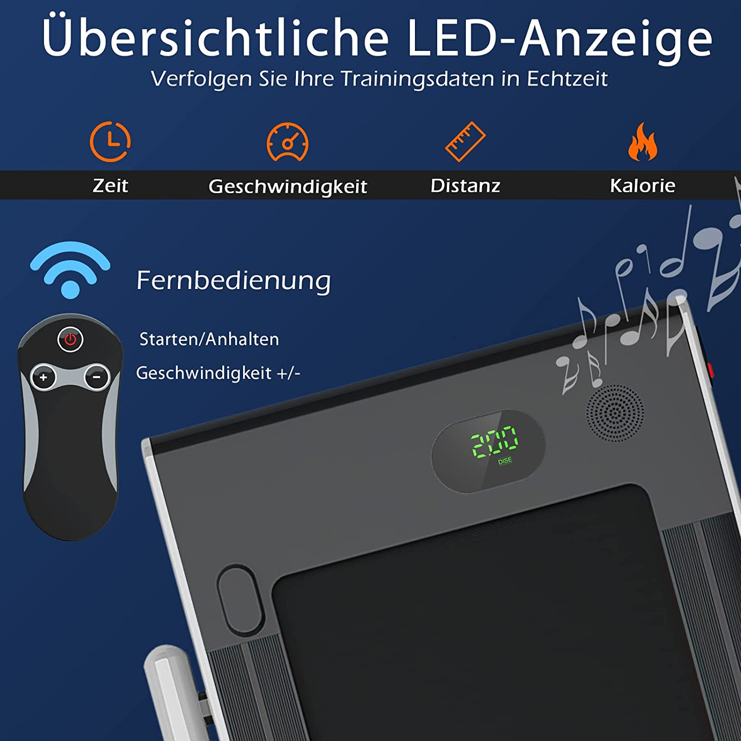 Laufband-Bedienfeld mit Display, das Einstellungen, eine Fernbedienung und Symbole anzeigt.