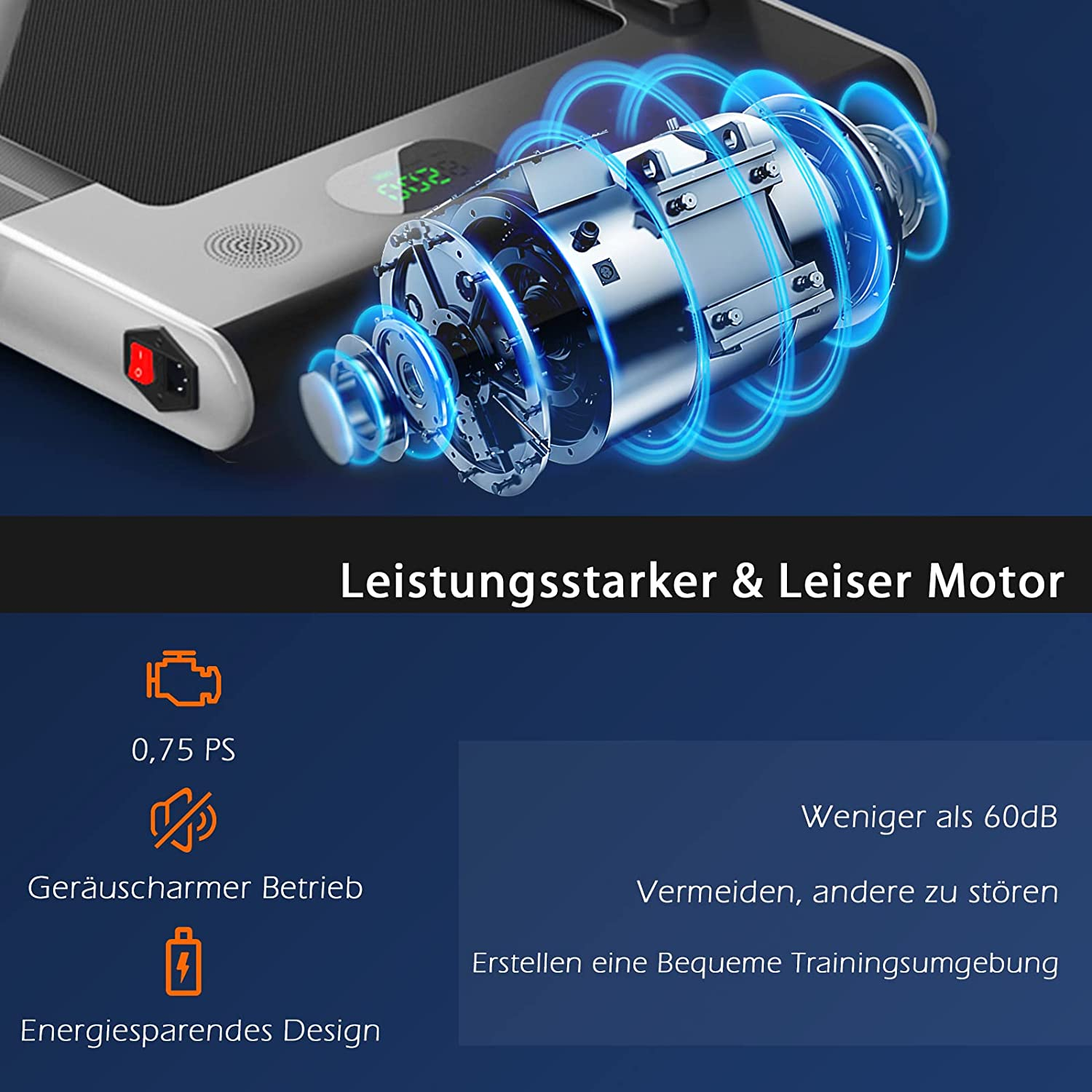 Laufband mit Digitalanzeige und Infografiken. Text rechts erklärt die Eigenschaften des Motors.