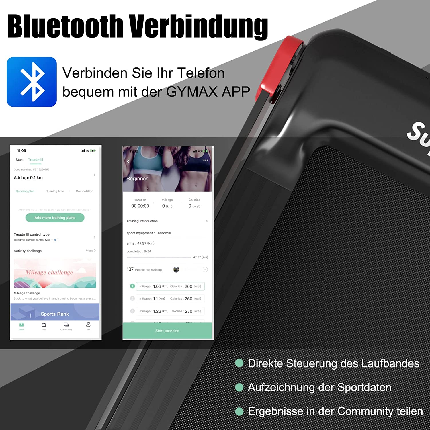 Laufband-Bildschirm mit App, zeigt Trainingsdaten und Bluetooth-Verbindungsinformationen.