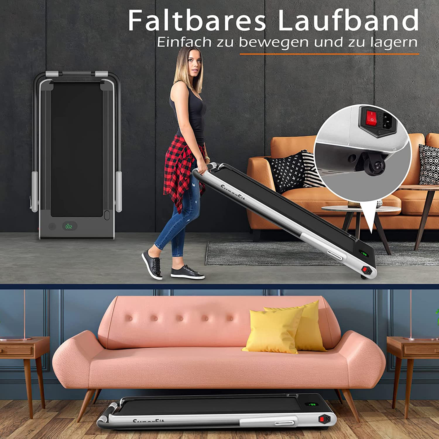 Frau benutzt ein klappbares Laufband. Einsatz zeigt Laufbandsteuerung. Rosa Couch und Heimumgebung.