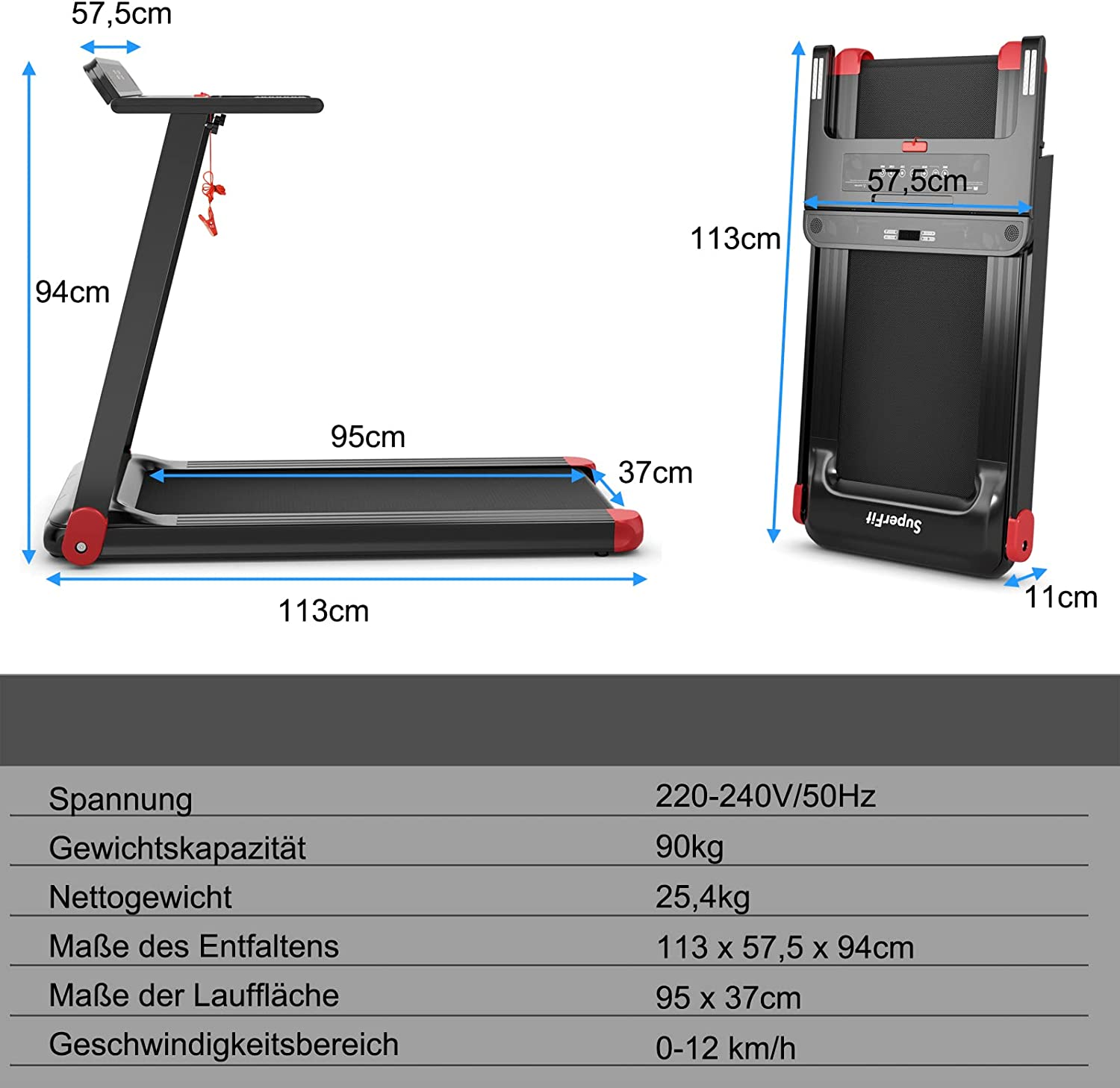 Ein Laufband, entfaltet mit Abmessungen und Spezifikationen, dargestellt mit weißem Hintergrund.