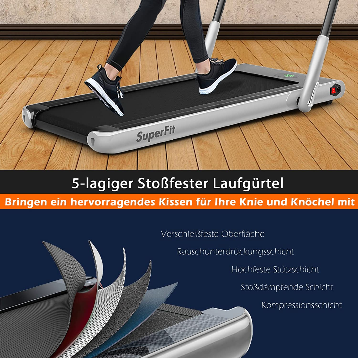 Person rennt auf einem Laufband. Text über die Eigenschaften des Laufbands ist darauf.