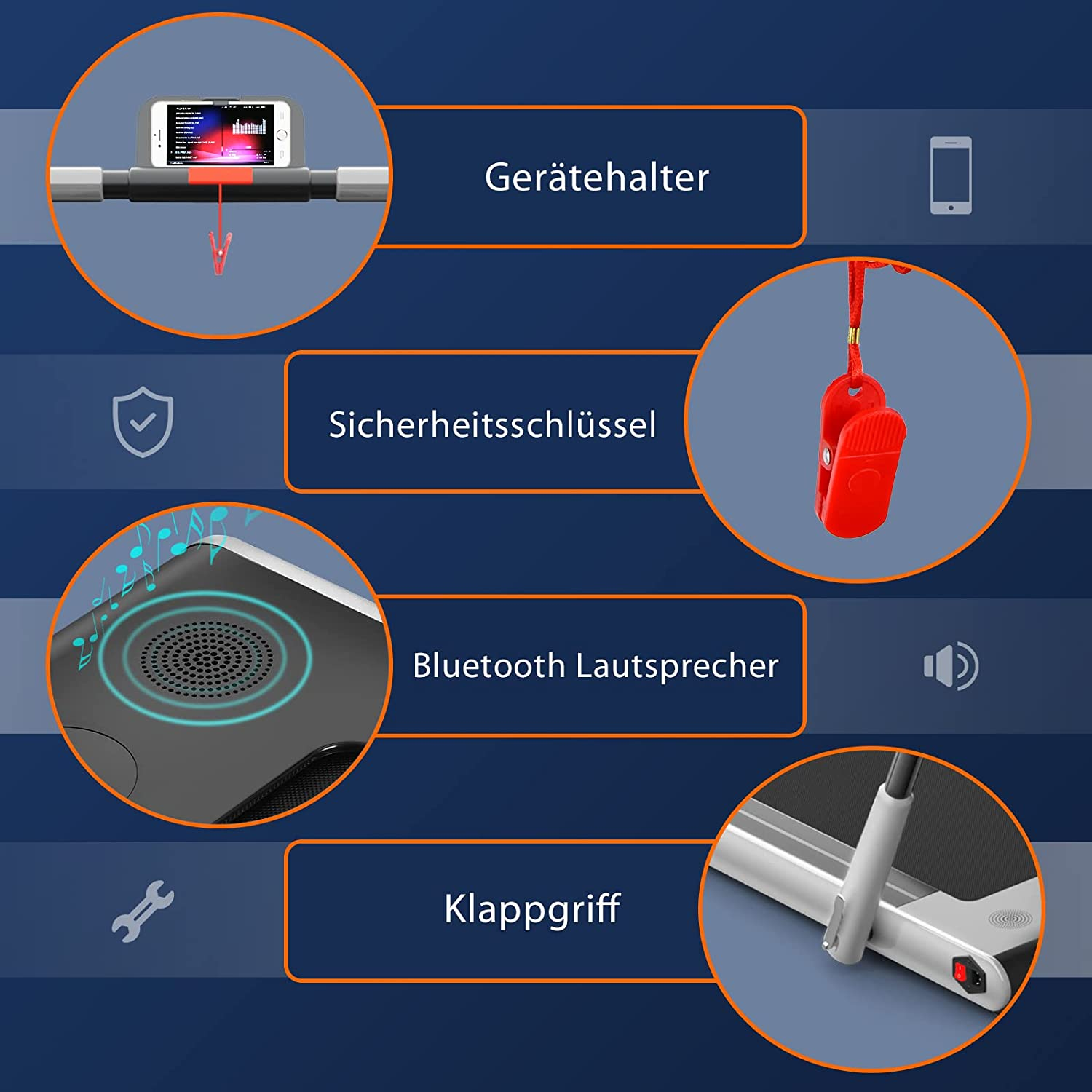 Laufband mit Handyhalter, Sicherheitsschlüssel, Bluetooth-Lautsprecher und Klappgriff, mit Beschriftungen.