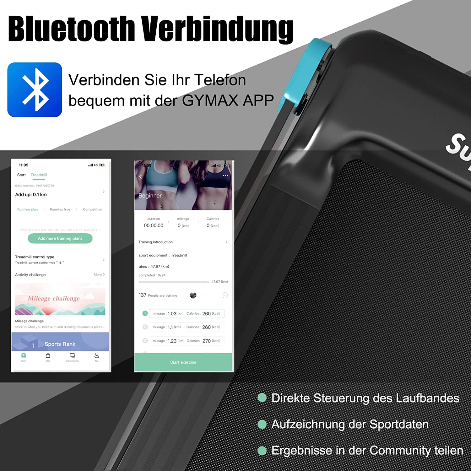 Ein Laufband mit Bildschirmen und einem Telefon, das die App-Oberfläche und Daten anzeigt.