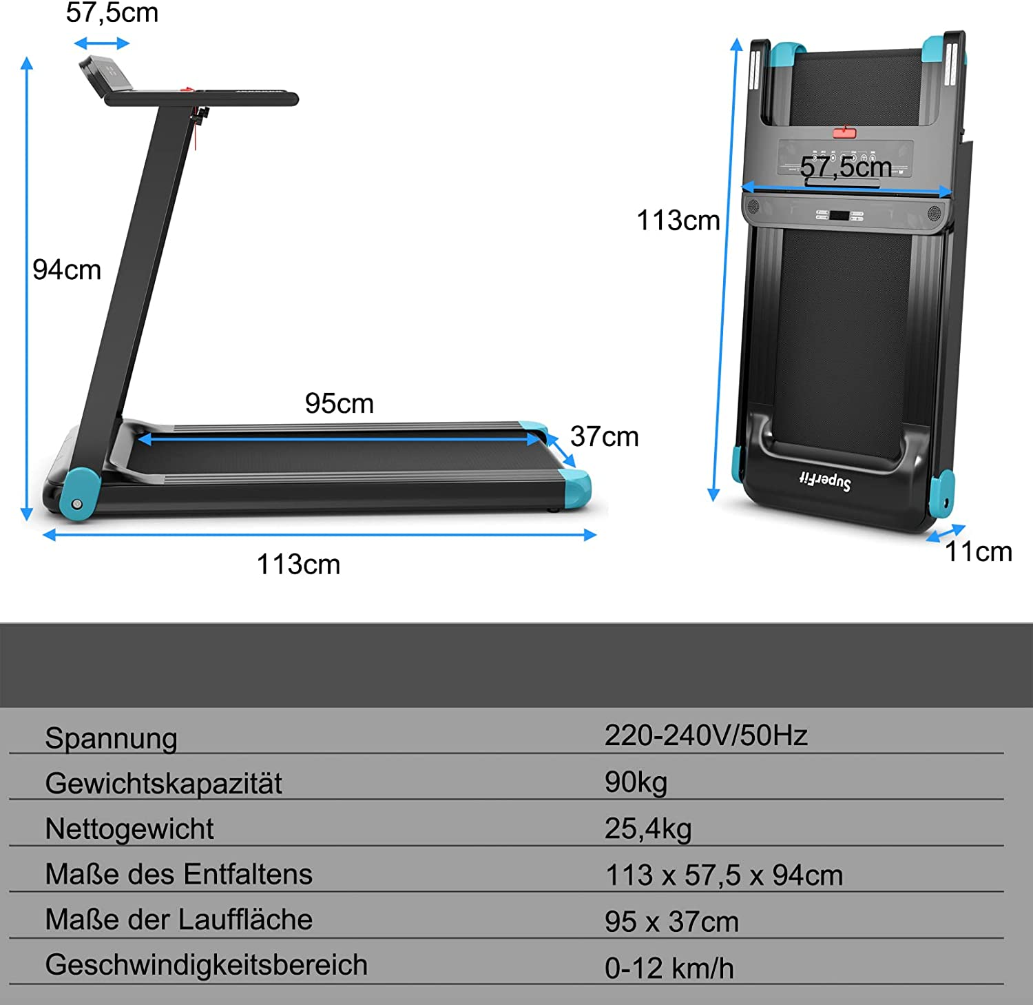 Laufband mit Maßangaben: 113 cm lang, 95 cm Lauffläche und 57,5 cm gefaltet, mit Tabelle darunter.