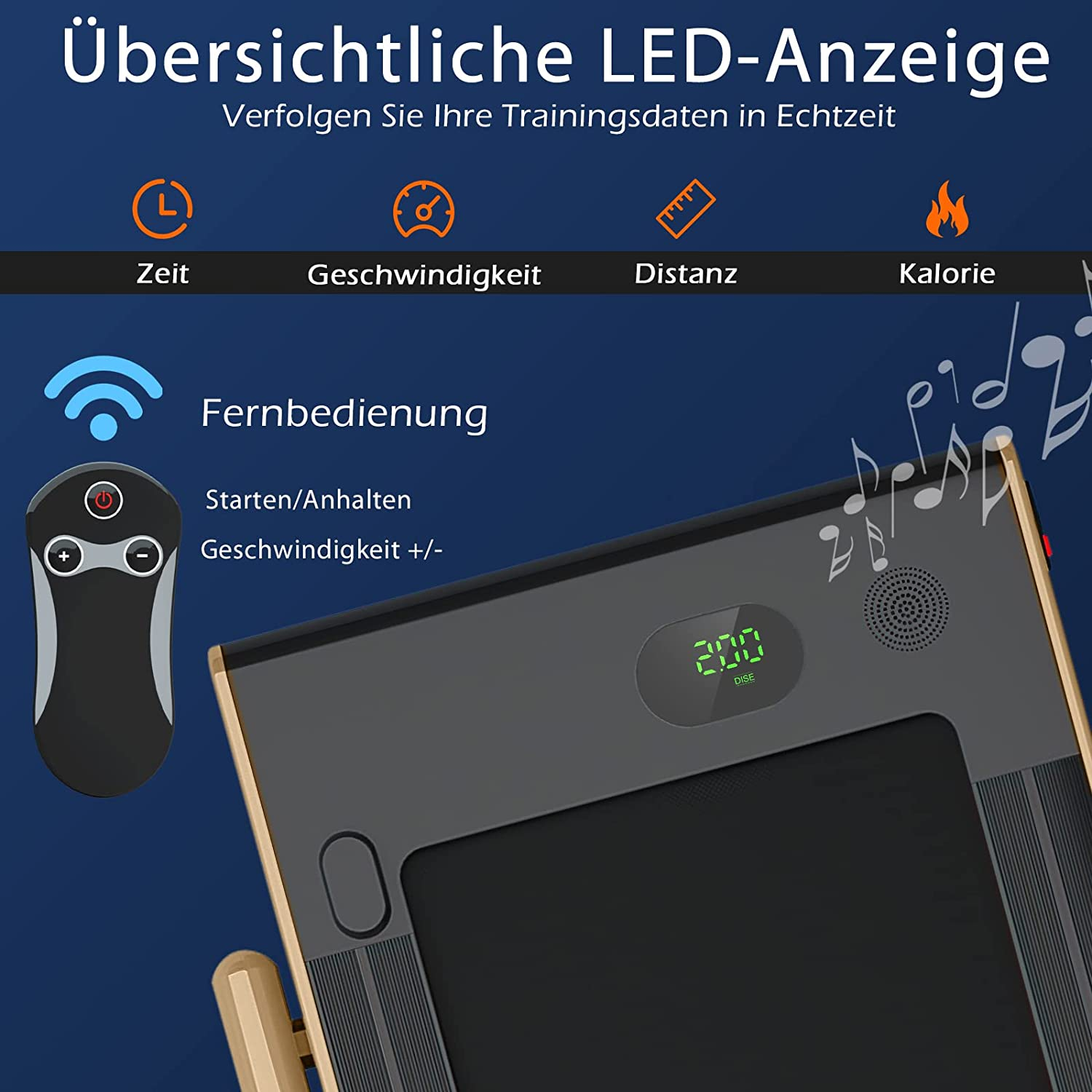 Ein Fitnessgerät mit Bildschirm, der Statistiken anzeigt. Eine Fernbedienung wird ebenfalls gezeigt, zusammen mit Noten.