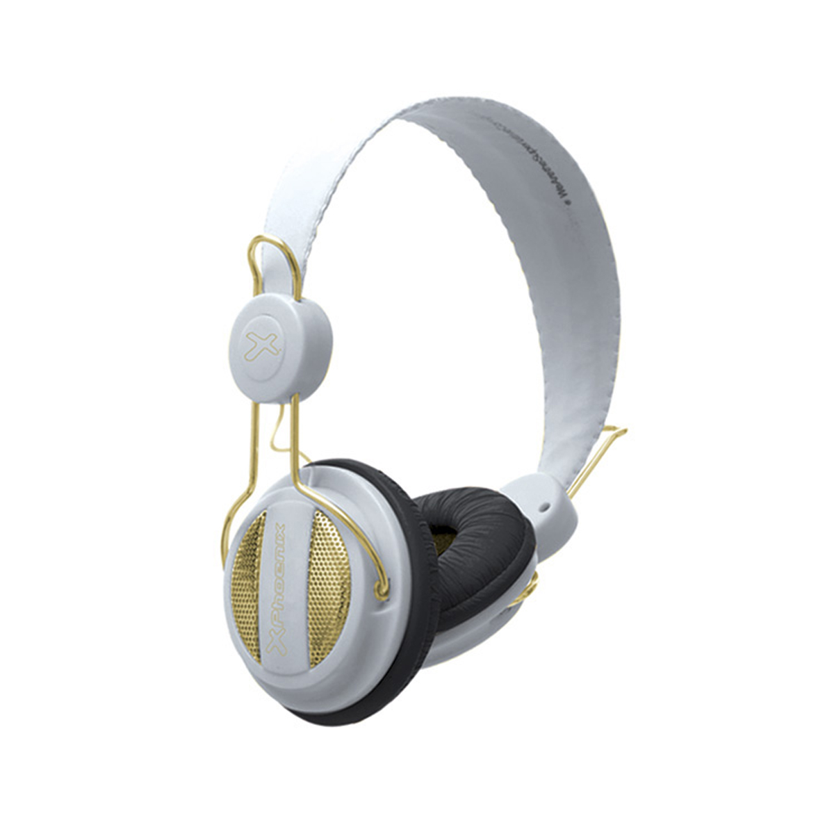Białe słuchawki ze złotymi akcentami. Nauszniki czarne i złote. Opaska na głowę biała.