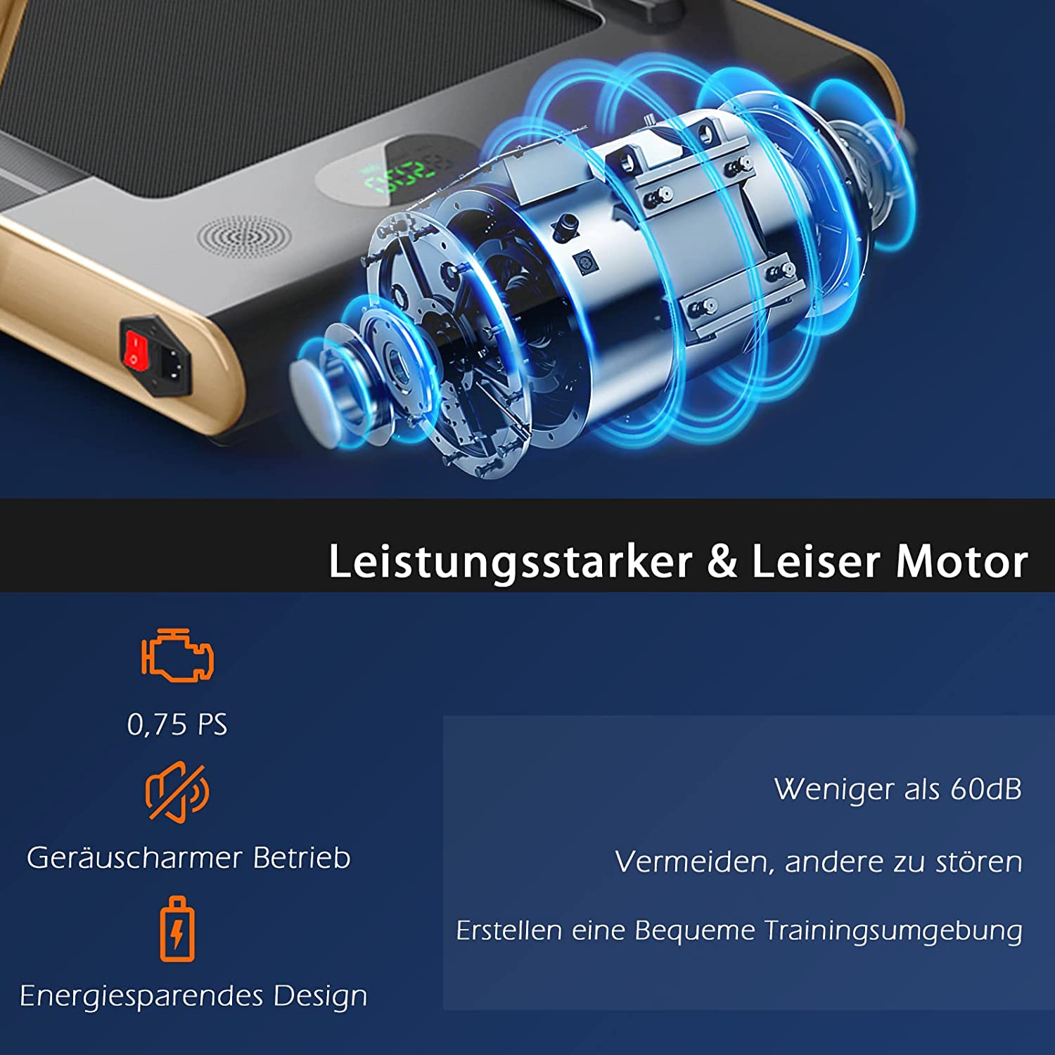 Das Bild zeigt den Motor eines Laufbands mit Text und Symbolen, die seine Eigenschaften detaillieren, gold und schwarz.