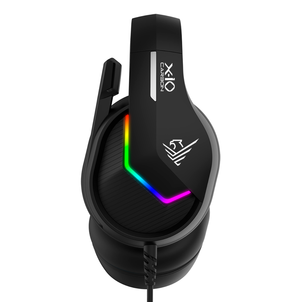 Cuffie da gioco nere con illuminazione arcobaleno. Il logo è un uccello. Il cavo è collegato.