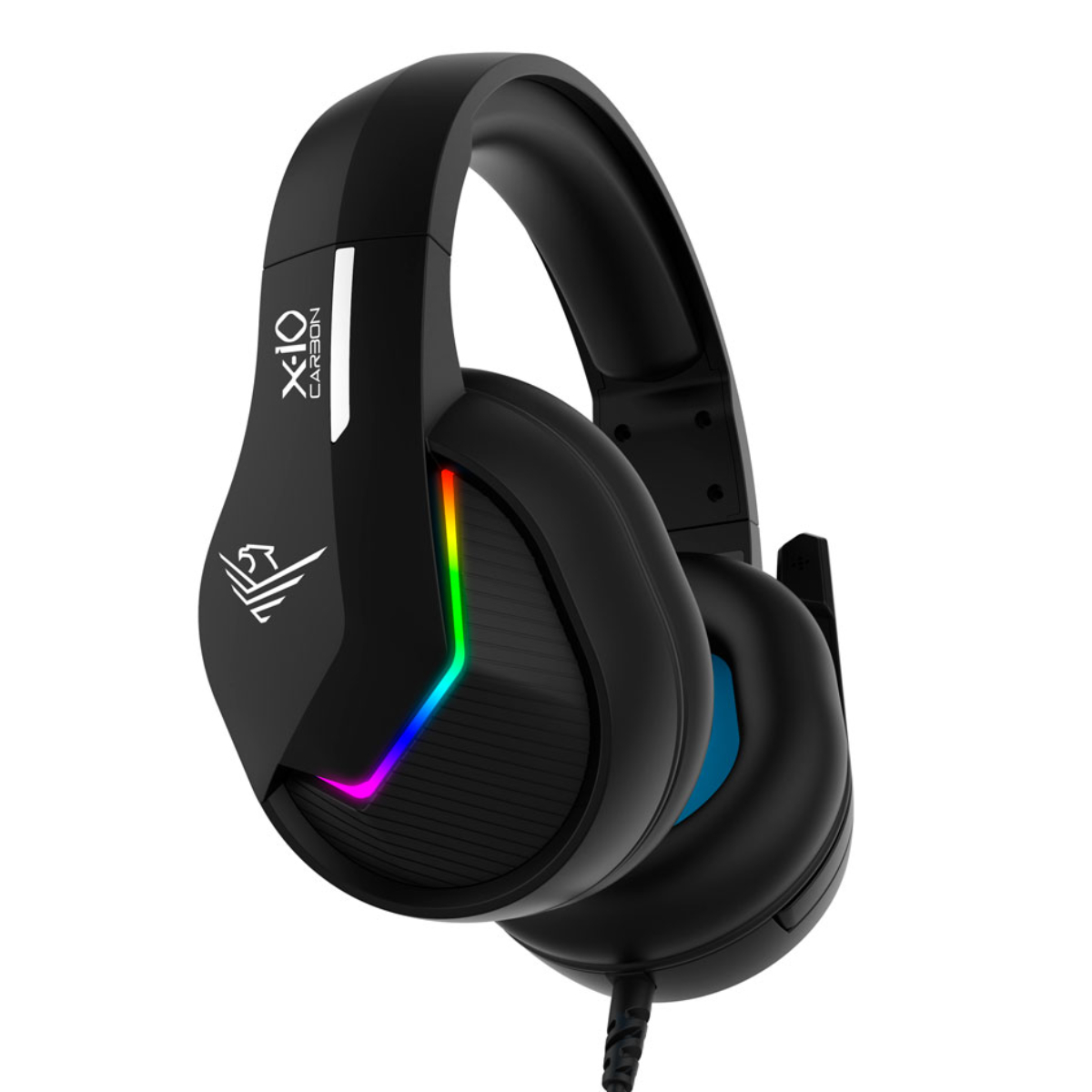 Cuffie da gioco nere con luci arcobaleno.