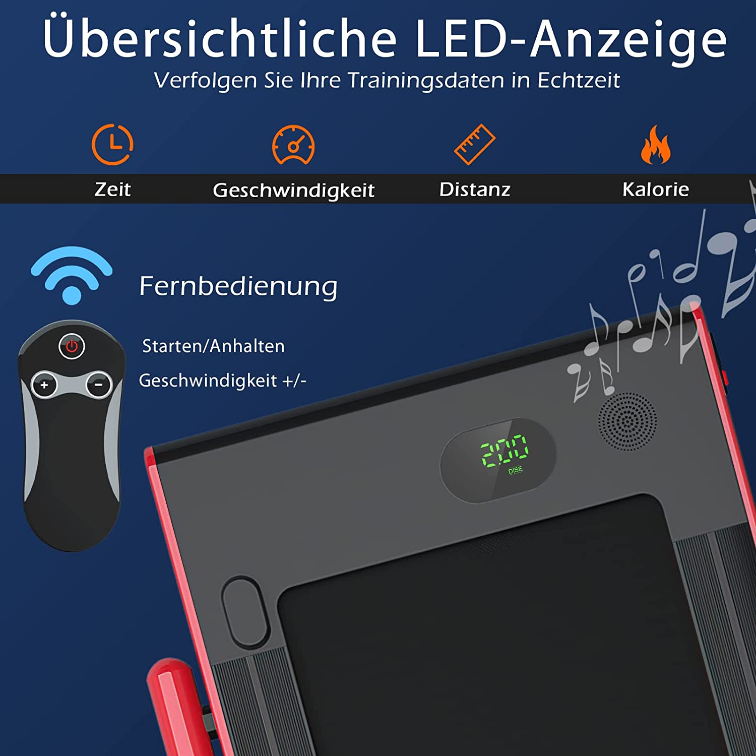 Laufband-Bedienfeld mit Zeit, Geschwindigkeit, Distanz, Kalorien und Fernbedienung.