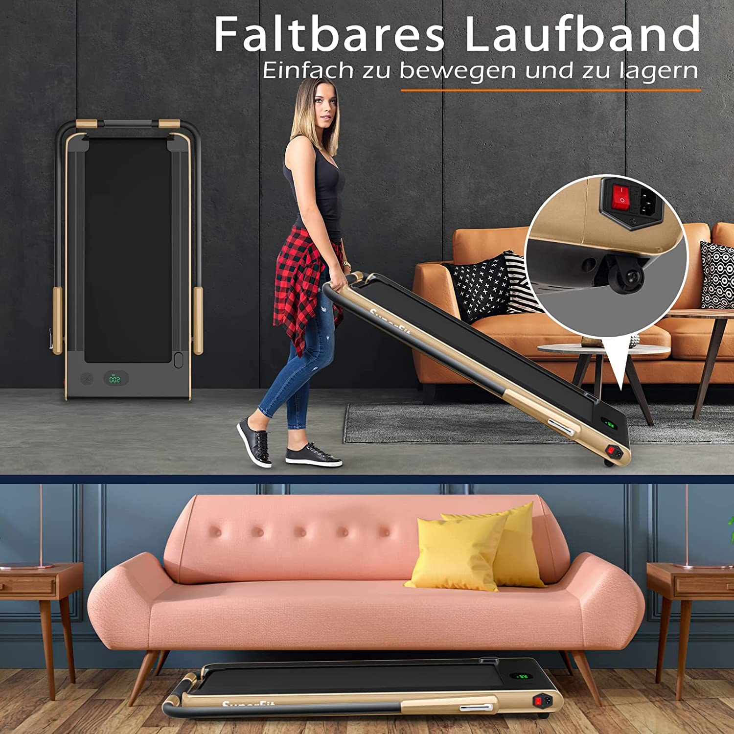 Eine Frau geht in der Nähe eines Laufbands. Das Laufband ist gold und schwarz. Text auf dem Bild: faltbares Laufband.