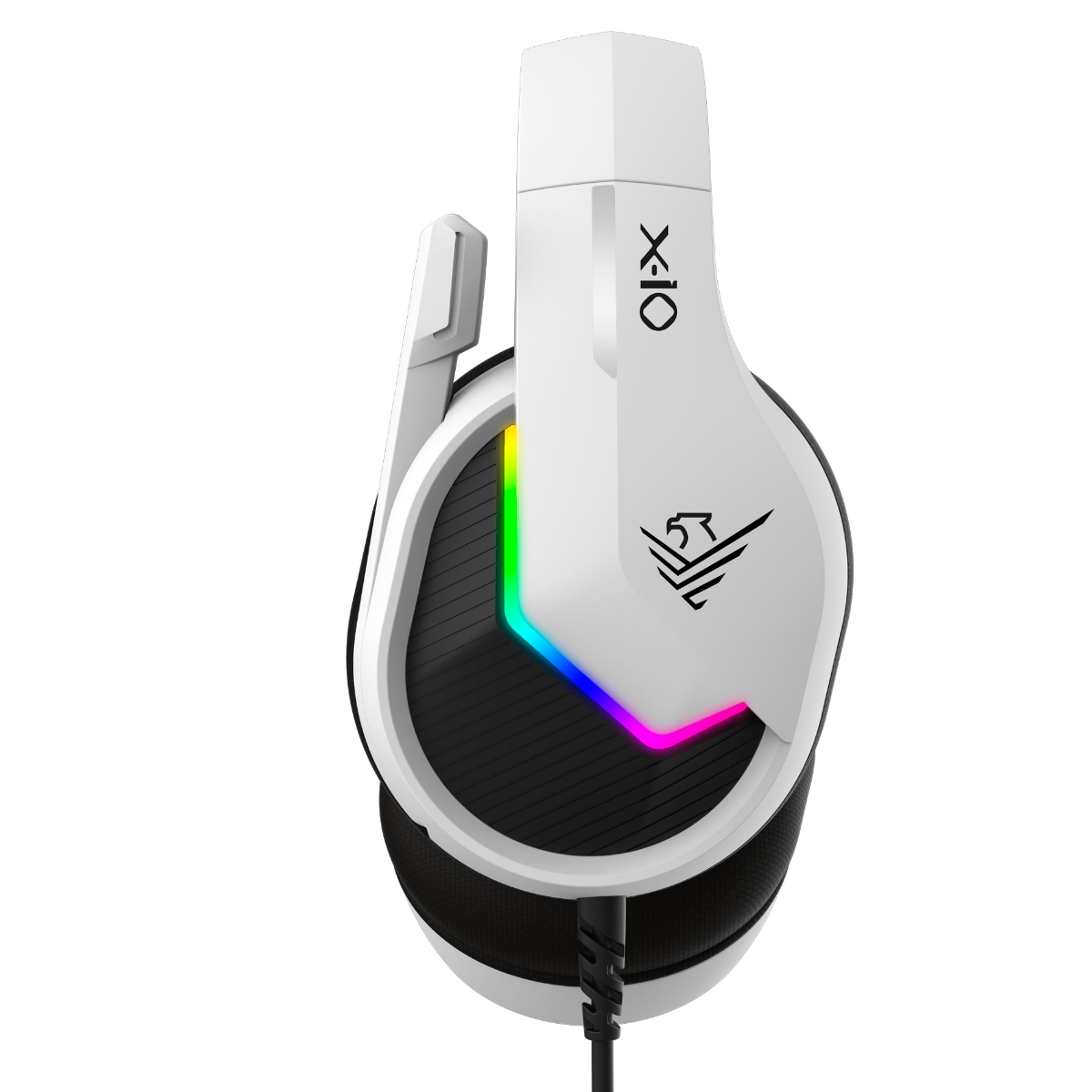Cuffie da gioco bianche con luci colorate e microfono. Il marchio X-10 è visibile.