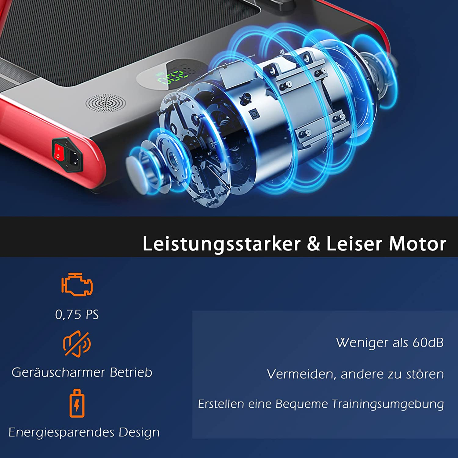 Illustration eines Laufbands mit Motor, Text: 'Leistungsstarker & Leiser Motor' und weitere Infos.