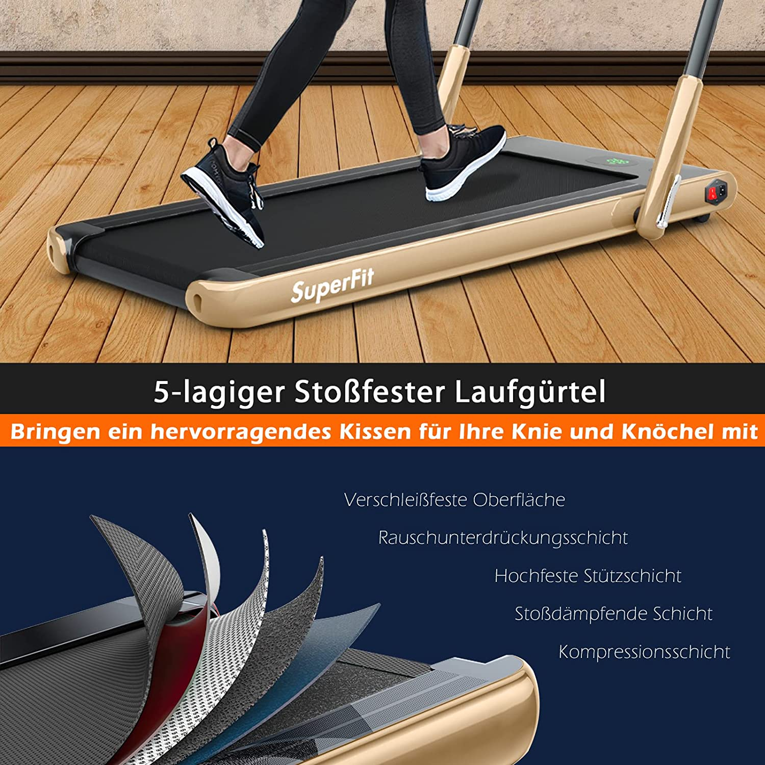 Person läuft auf einem Laufband mit Schichten der Dämpfung im Detail.