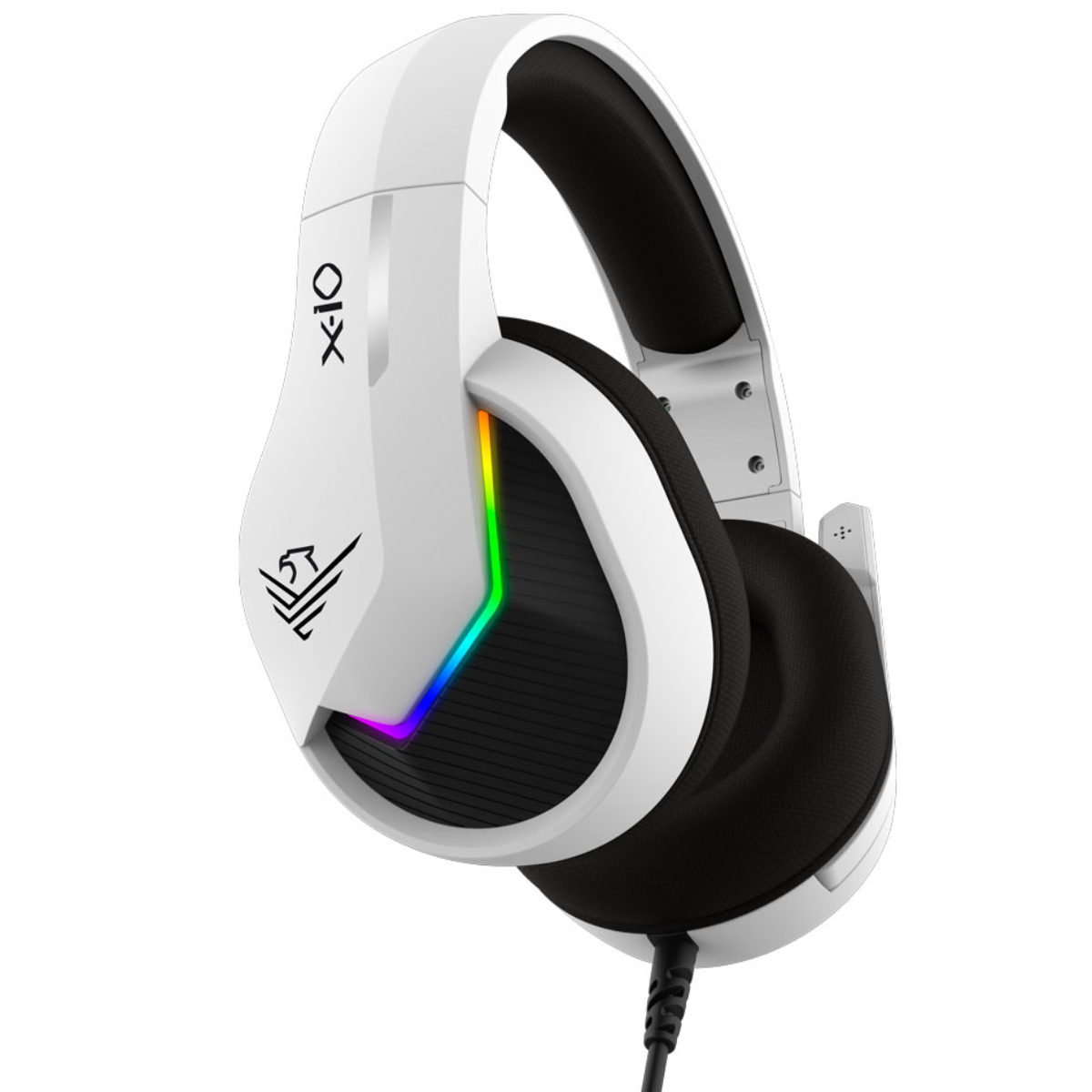 Cuffie da gaming bianche con luci RGB sul lato.