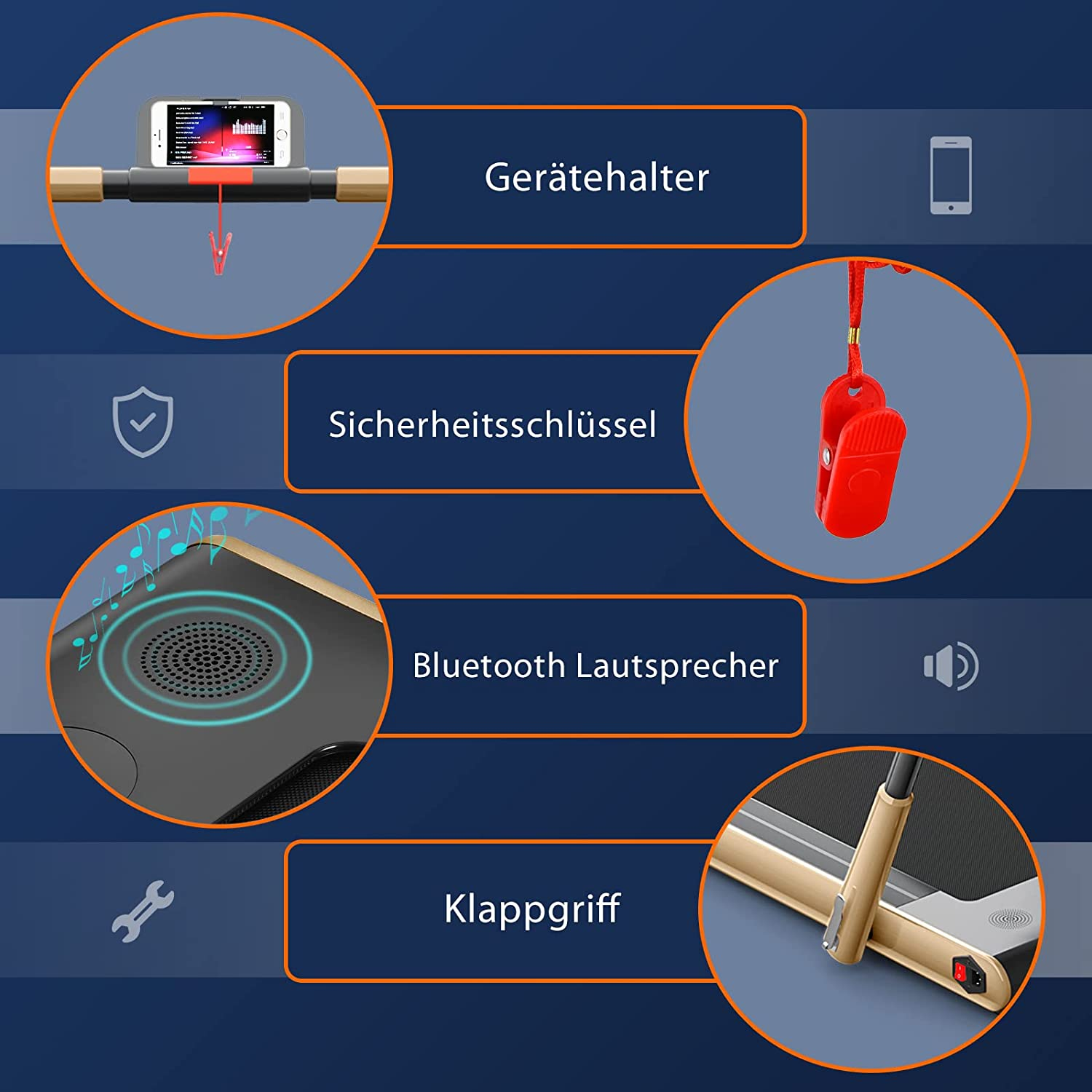 Ein Laufband mit hervorgehobenen Funktionen: Gerätehalter, Sicherheitsschlüssel, Bluetooth-Lautsprecher und Klappgriff.