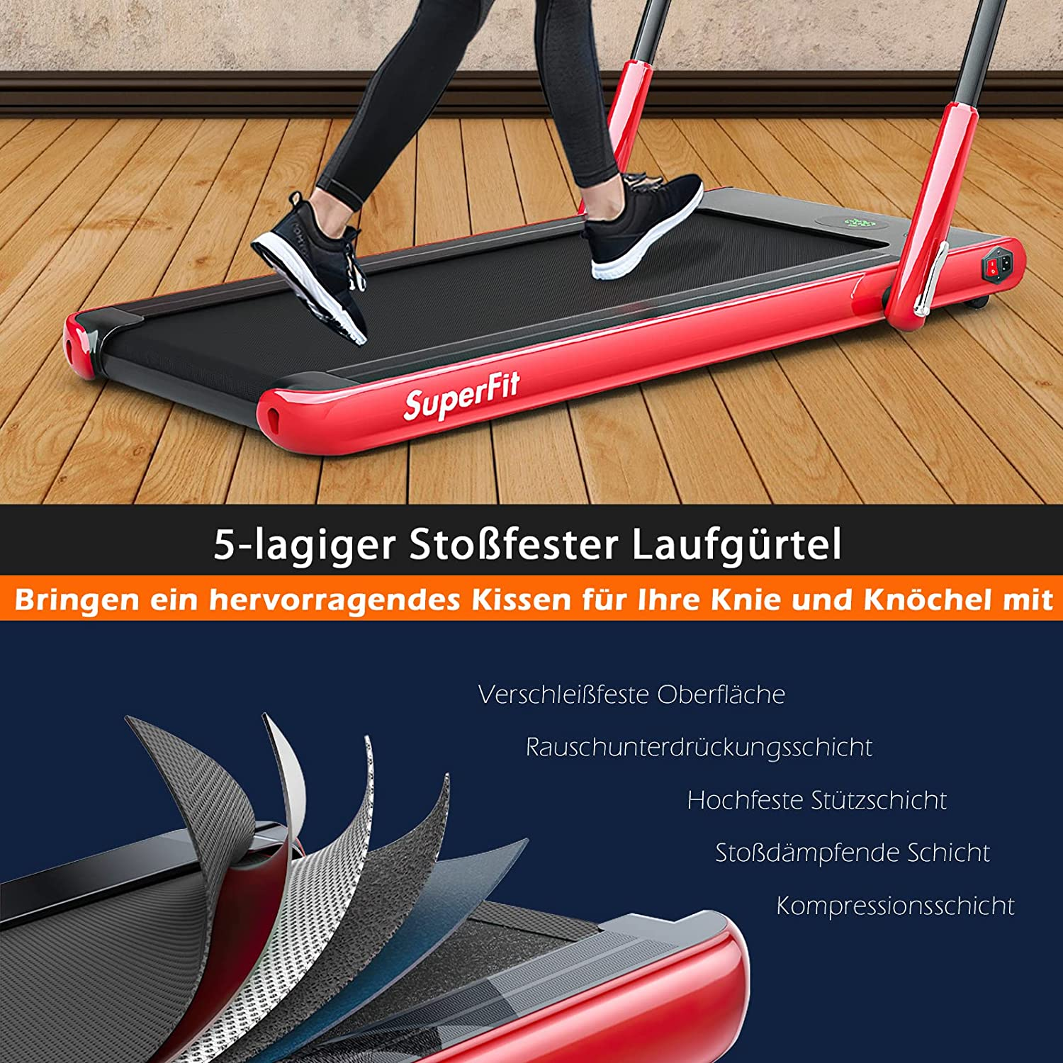 Laufband mit Person, die läuft. Schichten des Laufbandes werden dargestellt. Roter Rahmen.
