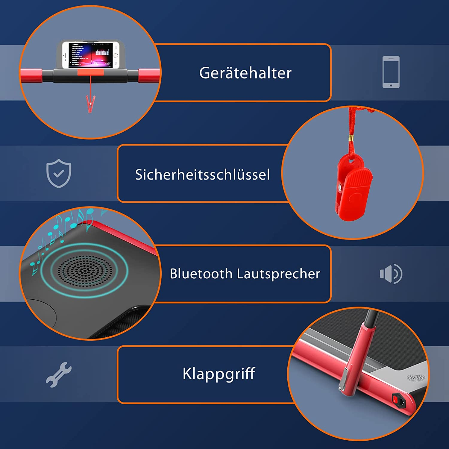 Infografik mit den Merkmalen eines Laufbands: Gerätehalter, Sicherheitsschlüssel, Bluetooth-Lautsprecher und Klappgriff.