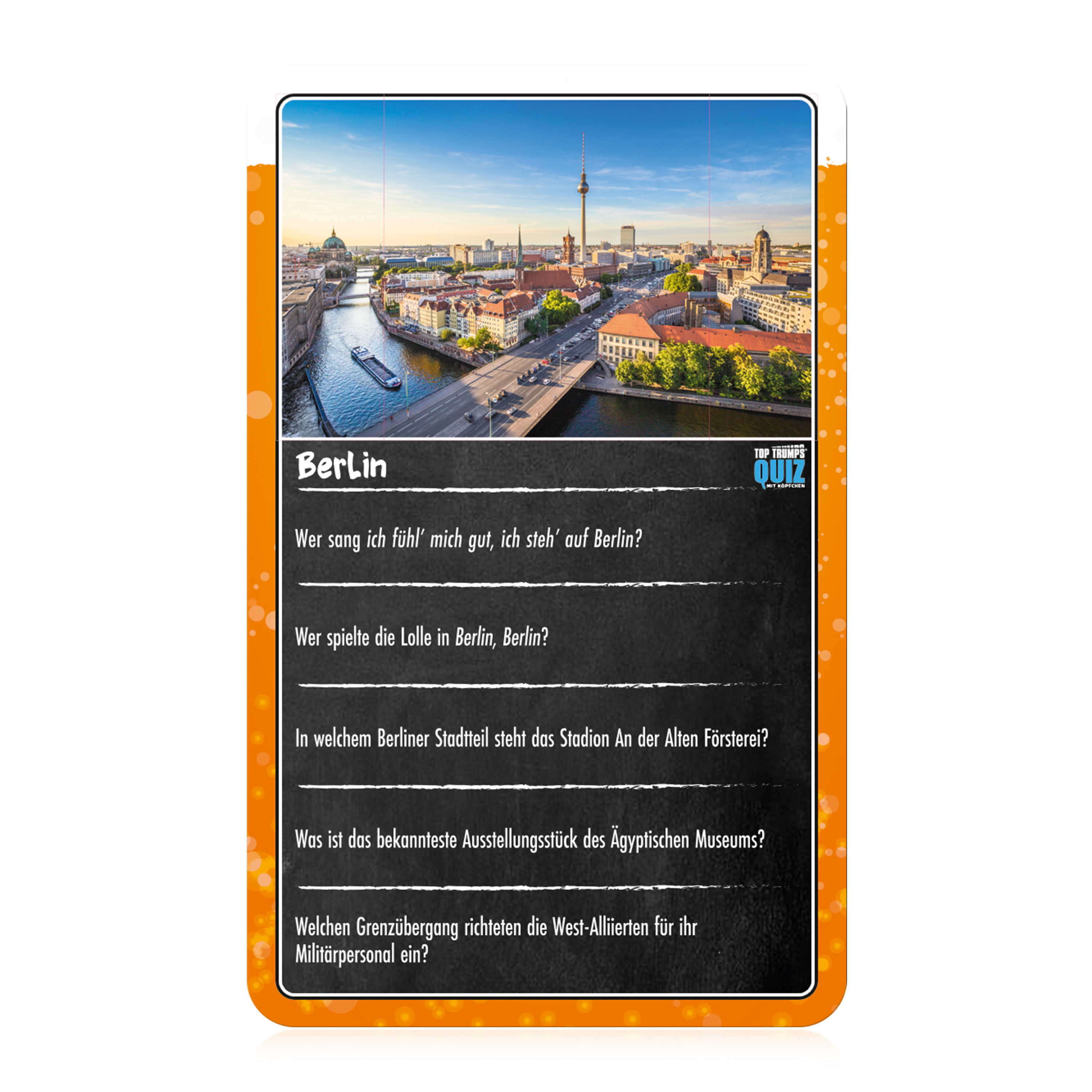 Quizkarte über Berlin mit Foto der Stadt und Fragen auf schwarzem Hintergrund.