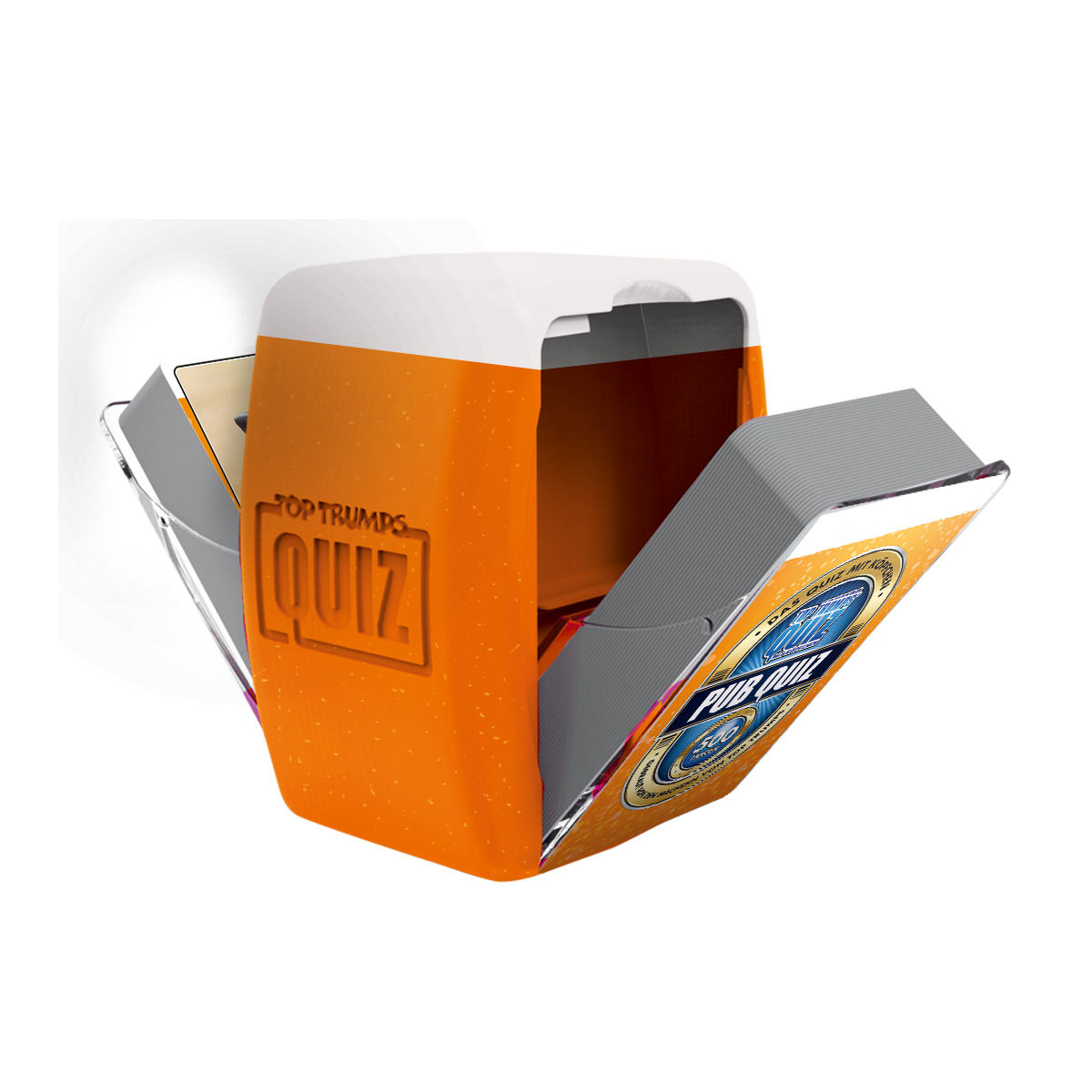 Eine Spielbox für ein Quizspiel mit dem Titel 'Top Trumps Quiz'. Sie ist orange und weiß, mit sichtbaren Karten.